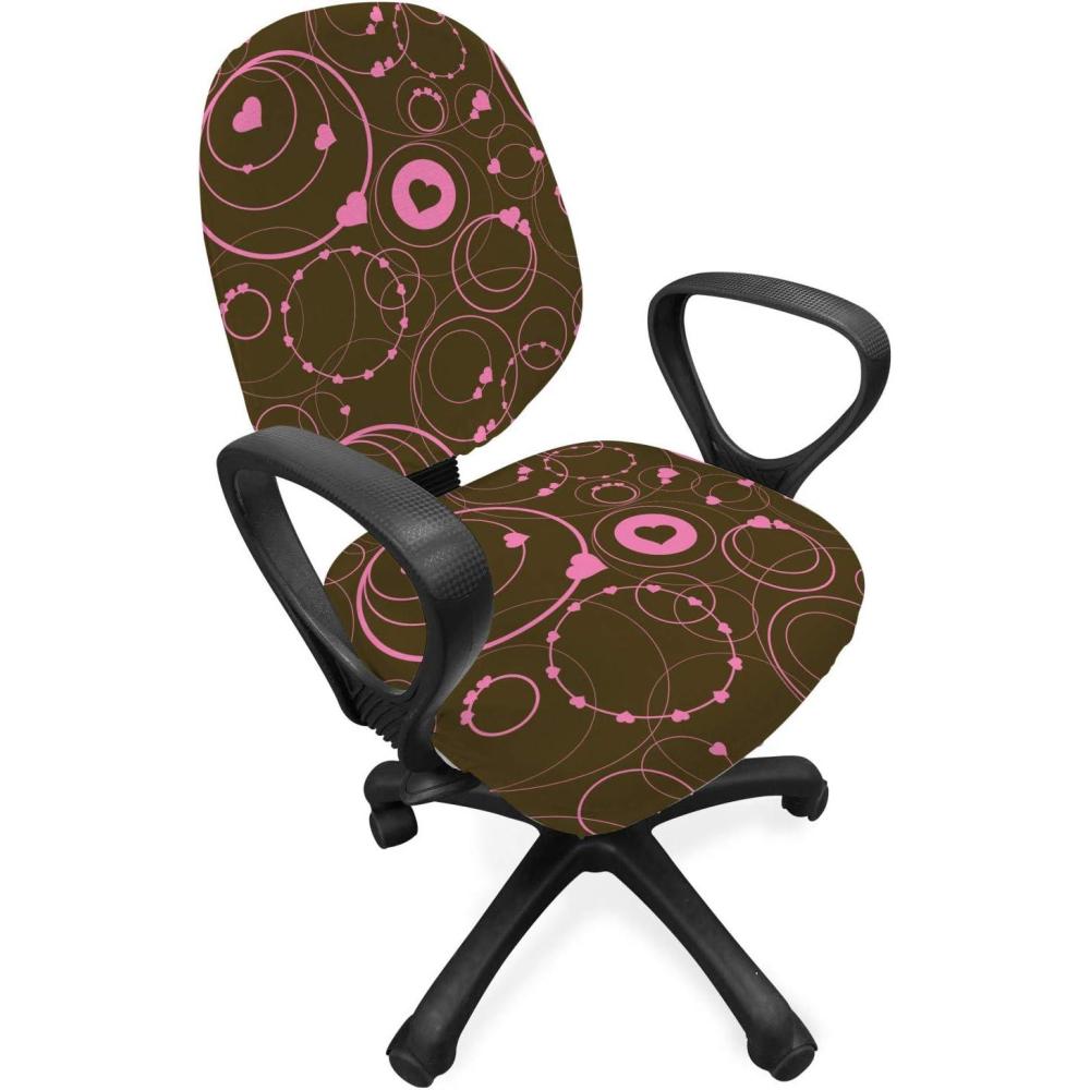 imageAmbesonne Hearts Office Chair Slipcover Valentines Day Themed Ornate Romantic Pink Circles and Shapes on Dark Background Protective Stretch Decorative Fabric Cover Pink Brown