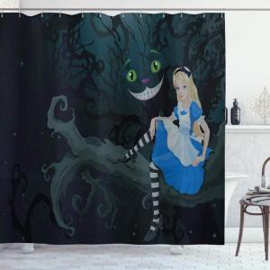 Ambesonne Alice in Wonderland Shower Curtain, Alice Sitting on Branch and Chescire Cat in Darkness Cartoon Style, Cloth Fabric Bathroom Decor Set with Hooks, 69″ W x 70″ L, Dark Blue Charcoal Grey