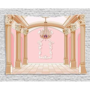 Ambesonne Cartoon Decor Tapestry, Fairytale Castle Interior of a Ballroom Chandelier Ceiling Columns Kingdom Pinkish Print, Wall Hanging for Bedroom Living Room Dorm, 80″ X 60″, Rose Peach