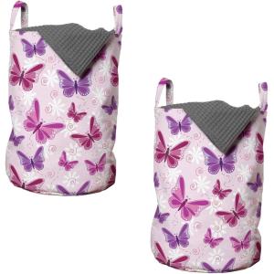 Ambesonne Gothic Laundry Bag, Chest Bones Ribcage Flowers Butterflies Autumn, Hamper Basket with Handles Drawstring Closure for Laundromats, 13″ x 19″, Mustard Tan(Purple Pink)