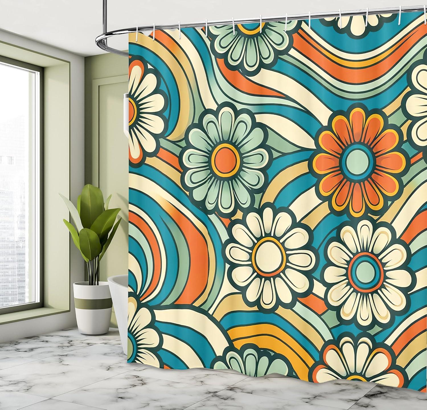 imageAmbesonne Floral Shower Curtain Romantic Tender Garden of Daisy Like Flowers and Leaves 70s Groovy Nature Cloth Fabric Bathroom Decor Set with Hooks 69 W x 70 L Reseda Green and PinkSea Blue and Burnt Orange
