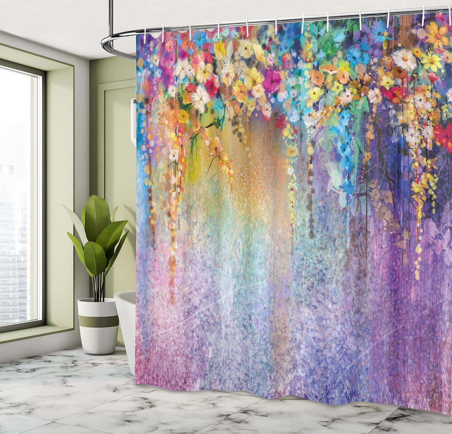 imageAmbesonne Floral Shower Curtain Romantic Tender Garden of Daisy Like Flowers and Leaves 70s Groovy Nature Cloth Fabric Bathroom Decor Set with Hooks 69 W x 70 L Reseda Green and PinkBlue Purple