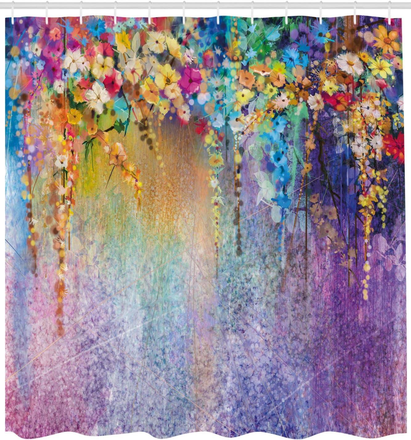 imageAmbesonne Floral Shower Curtain Romantic Tender Garden of Daisy Like Flowers and Leaves 70s Groovy Nature Cloth Fabric Bathroom Decor Set with Hooks 69 W x 70 L Reseda Green and PinkBlue Purple