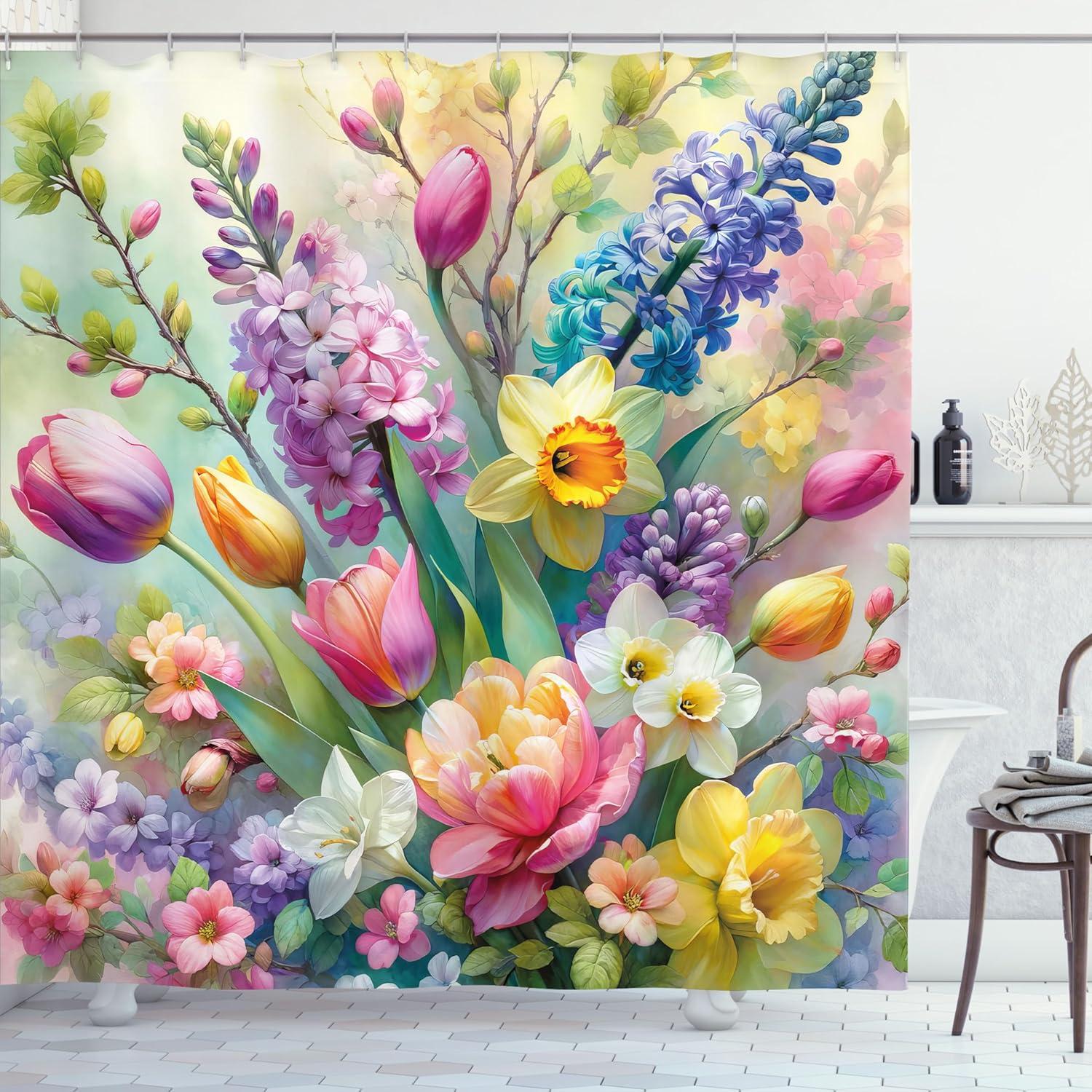 imageAmbesonne Floral Shower Curtain Romantic Tender Garden of Daisy Like Flowers and Leaves 70s Groovy Nature Cloth Fabric Bathroom Decor Set with Hooks 69 W x 70 L Reseda Green and PinkPale Lilac Fern Green