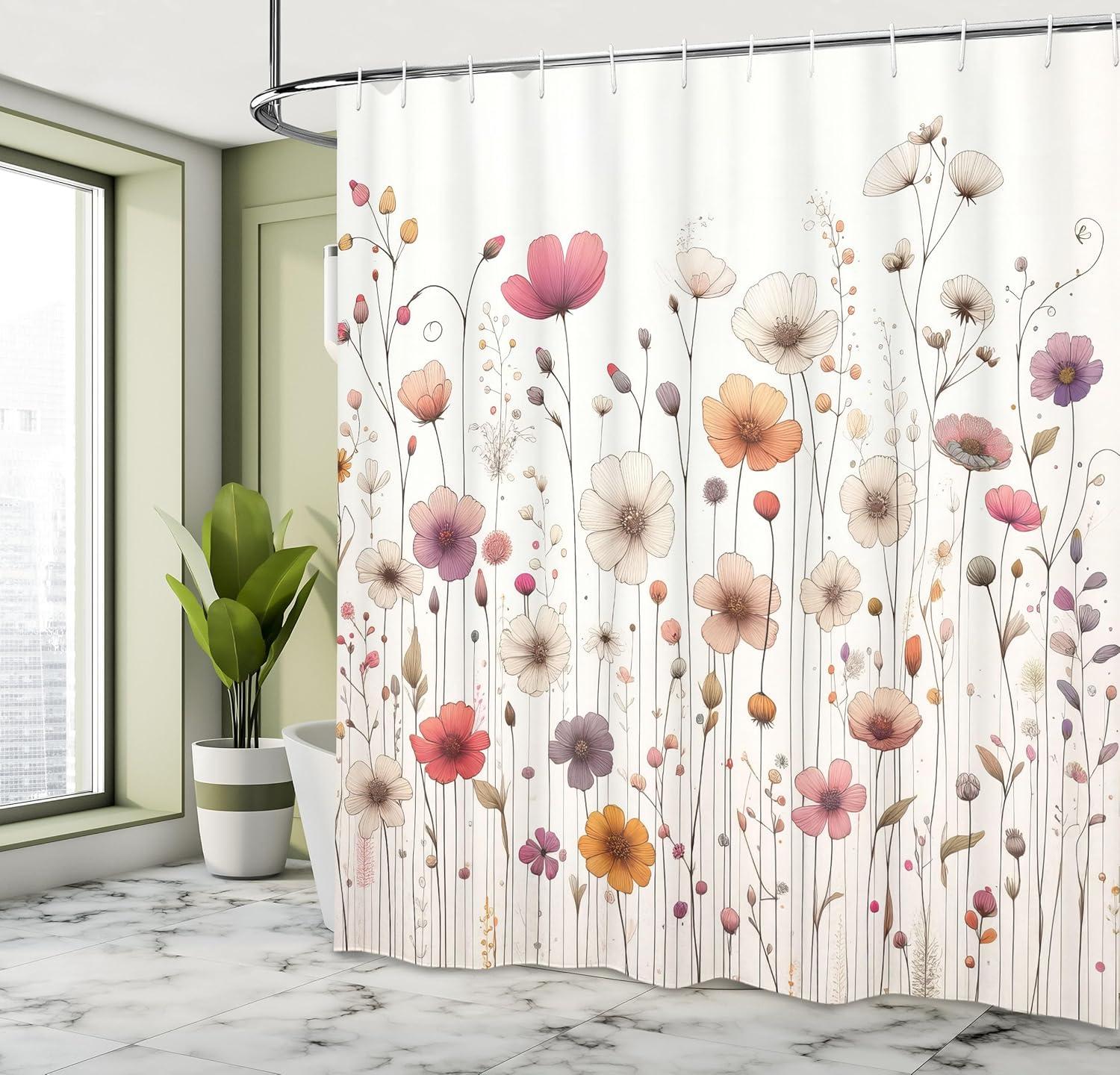 imageAmbesonne Floral Shower Curtain Romantic Tender Garden of Daisy Like Flowers and Leaves 70s Groovy Nature Cloth Fabric Bathroom Decor Set with Hooks 69 W x 70 L Reseda Green and PinkPink Off White and Mauve