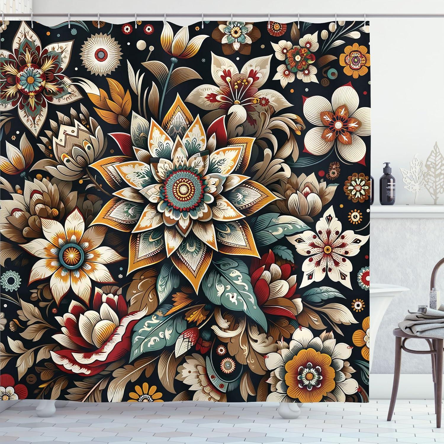 imageAmbesonne Floral Shower Curtain Romantic Tender Garden of Daisy Like Flowers and Leaves 70s Groovy Nature Cloth Fabric Bathroom Decor Set with Hooks 69 W x 70 L Reseda Green and PinkBlack Sepia and Orange