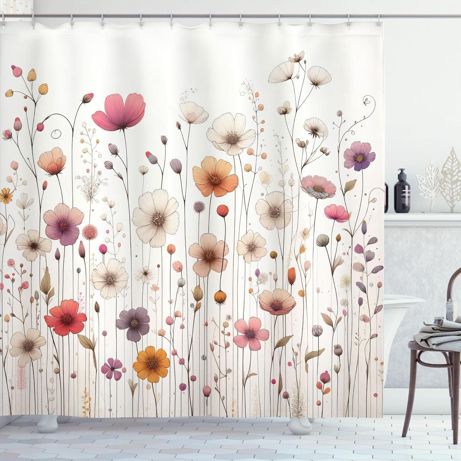 imageAmbesonne Floral Shower Curtain Romantic Tender Garden of Daisy Like Flowers and Leaves 70s Groovy Nature Cloth Fabric Bathroom Decor Set with Hooks 69 W x 70 L Reseda Green and PinkPink Off White and Mauve