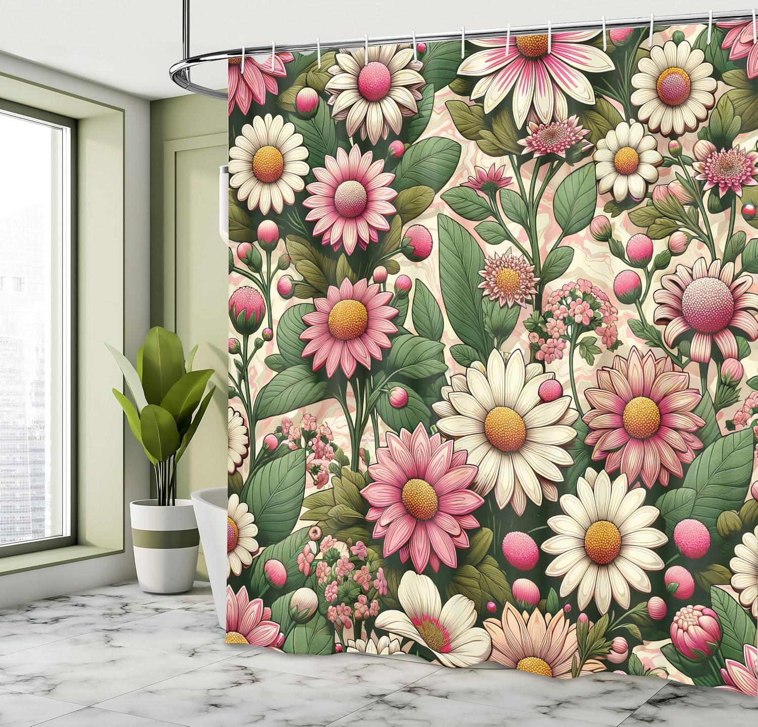 imageAmbesonne Floral Shower Curtain Romantic Tender Garden of Daisy Like Flowers and Leaves 70s Groovy Nature Cloth Fabric Bathroom Decor Set with Hooks 69 W x 70 L Reseda Green and PinkReseda Green and Pink