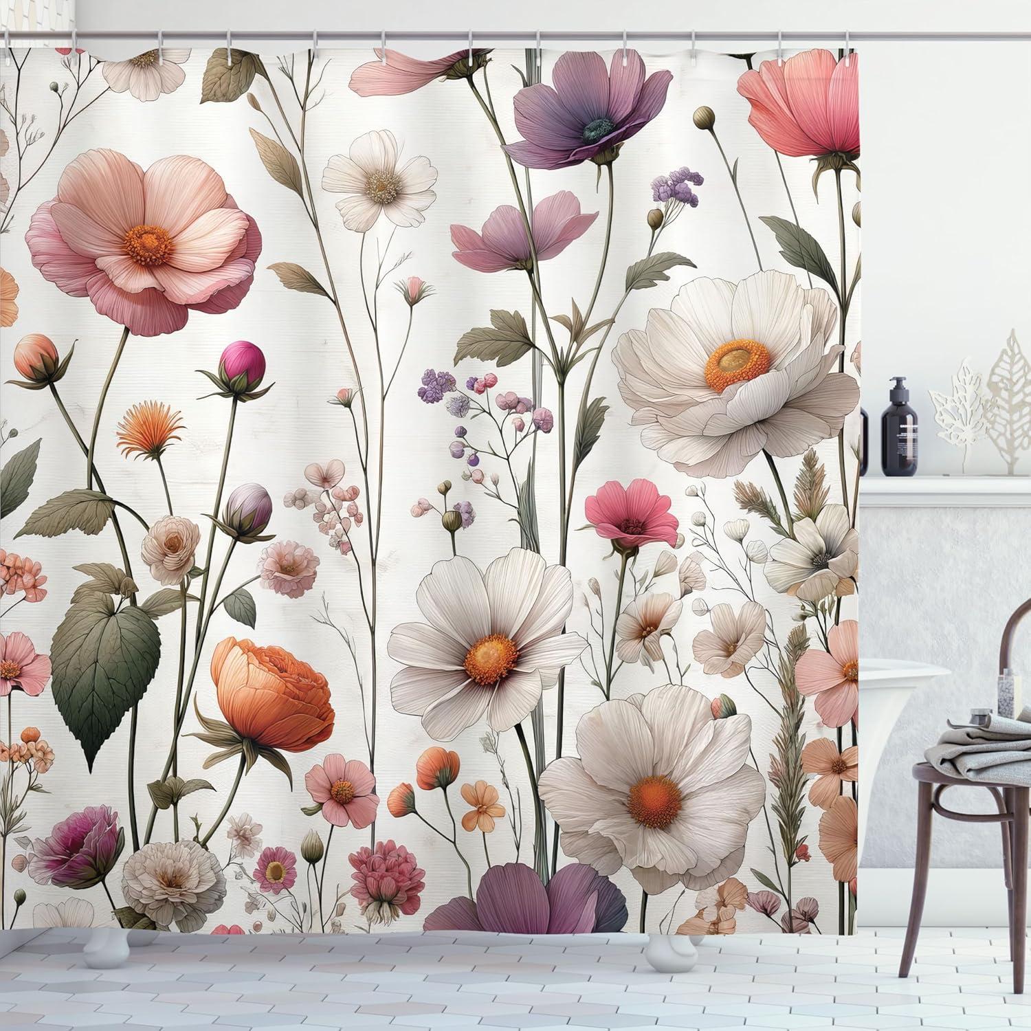 imageAmbesonne Floral Shower Curtain Romantic Tender Garden of Daisy Like Flowers and Leaves 70s Groovy Nature Cloth Fabric Bathroom Decor Set with Hooks 69 W x 70 L Reseda Green and PinkMauve Sage Green Rose