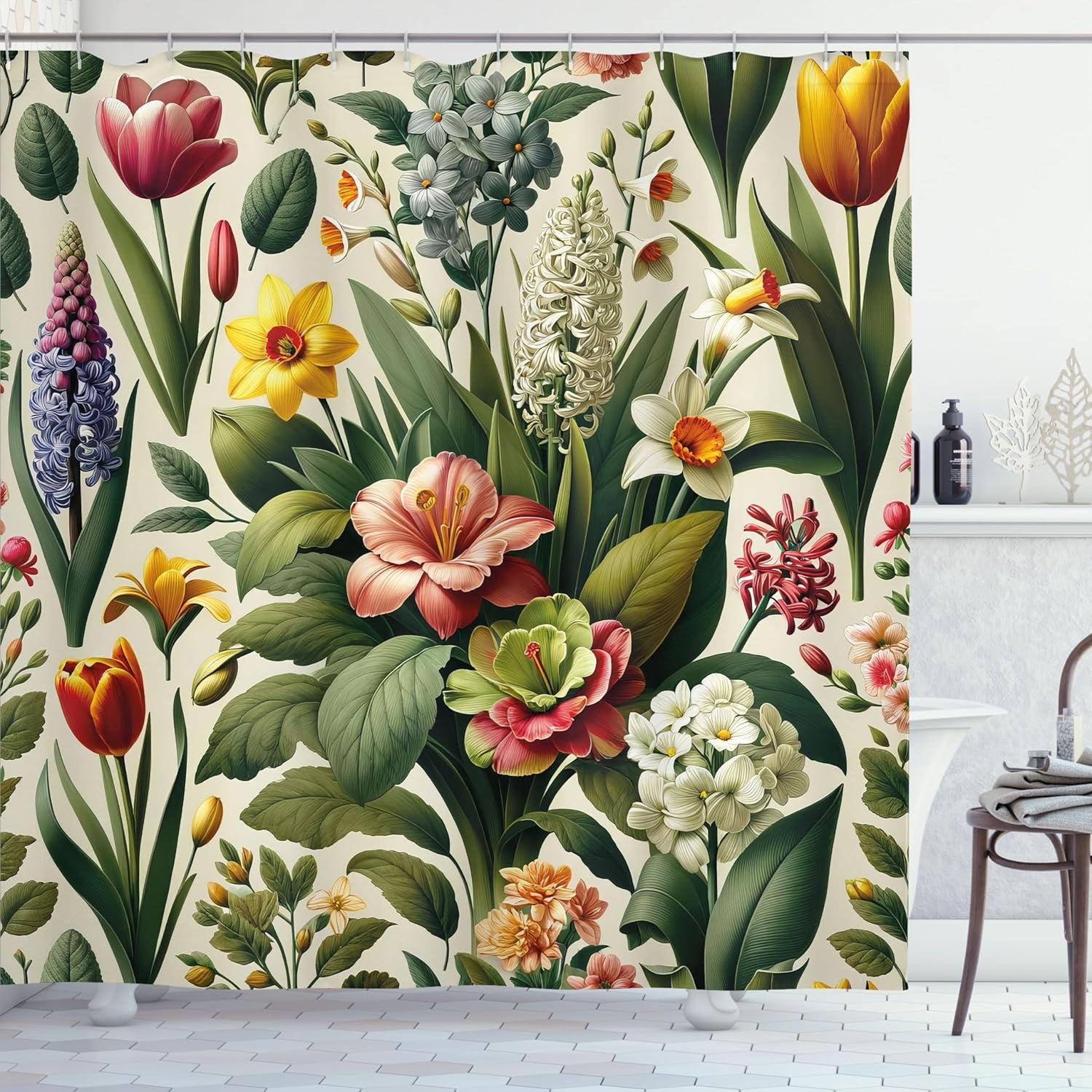 imageAmbesonne Floral Shower Curtain Romantic Tender Garden of Daisy Like Flowers and Leaves 70s Groovy Nature Cloth Fabric Bathroom Decor Set with Hooks 69 W x 70 L Reseda Green and PinkOlive Green Pale Ruby