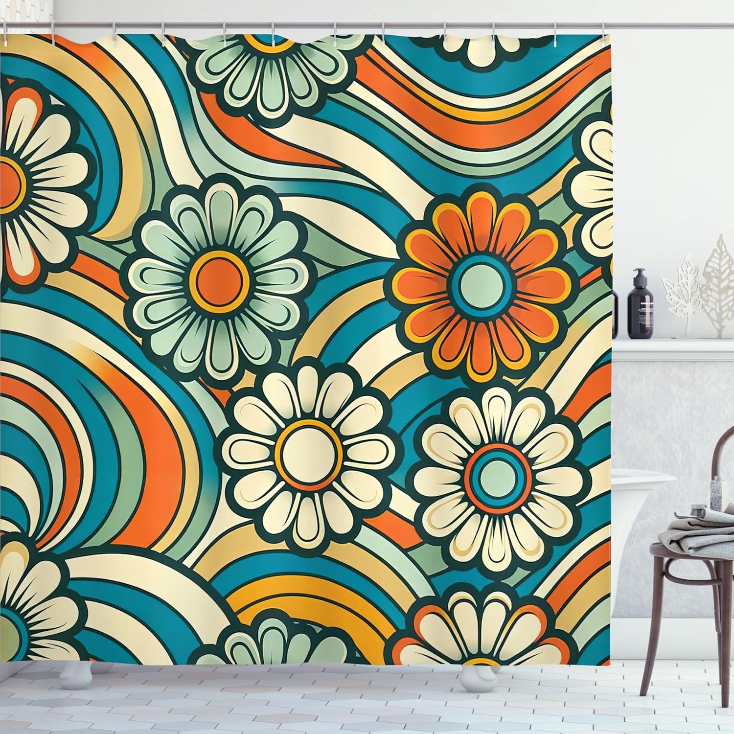 imageAmbesonne Floral Shower Curtain Romantic Tender Garden of Daisy Like Flowers and Leaves 70s Groovy Nature Cloth Fabric Bathroom Decor Set with Hooks 69 W x 70 L Reseda Green and PinkSea Blue and Burnt Orange