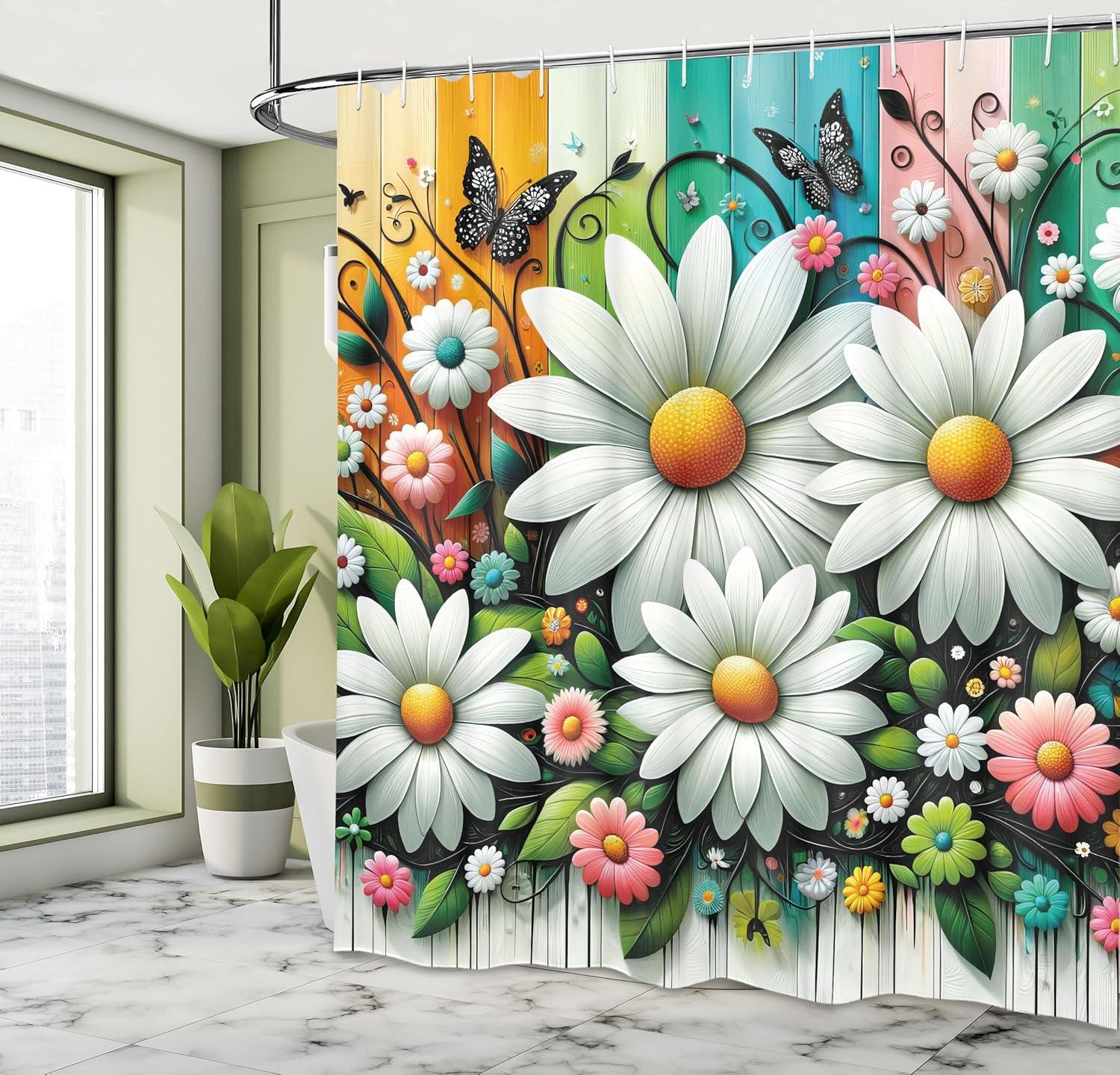 imageAmbesonne Floral Shower Curtain Romantic Tender Garden of Daisy Like Flowers and Leaves 70s Groovy Nature Cloth Fabric Bathroom Decor Set with Hooks 69 W x 70 L Reseda Green and PinkOff White Multicolor