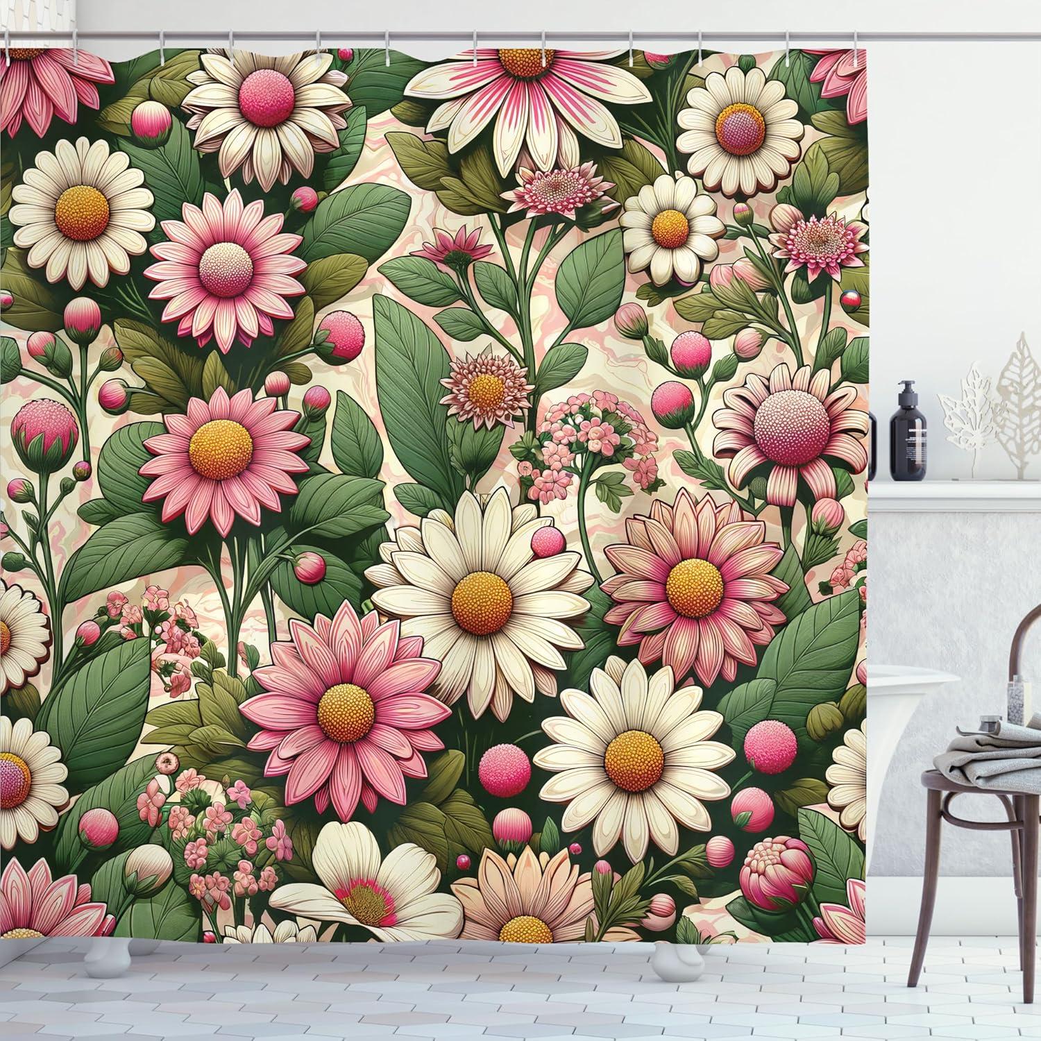 imageAmbesonne Floral Shower Curtain Romantic Tender Garden of Daisy Like Flowers and Leaves 70s Groovy Nature Cloth Fabric Bathroom Decor Set with Hooks 69 W x 70 L Reseda Green and PinkReseda Green and Pink
