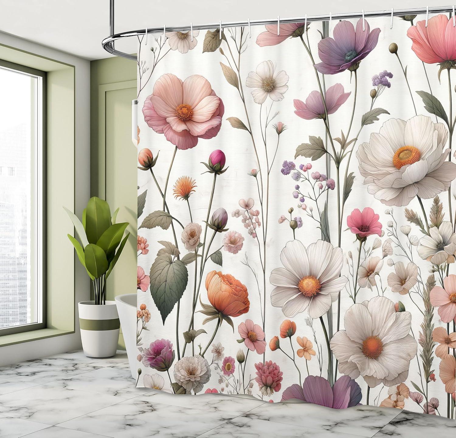imageAmbesonne Floral Shower Curtain Romantic Tender Garden of Daisy Like Flowers and Leaves 70s Groovy Nature Cloth Fabric Bathroom Decor Set with Hooks 69 W x 70 L Reseda Green and PinkMauve Sage Green Rose