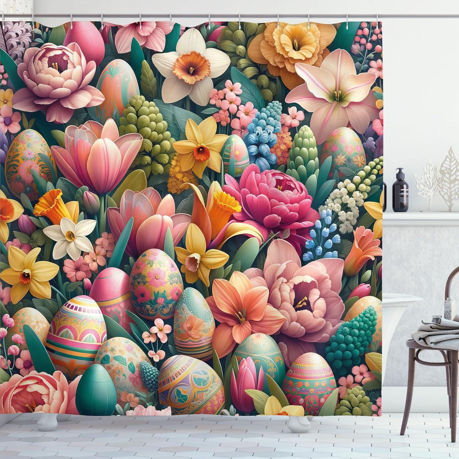 imageAmbesonne Floral Shower Curtain Romantic Tender Garden of Daisy Like Flowers and Leaves 70s Groovy Nature Cloth Fabric Bathroom Decor Set with Hooks 69 W x 70 L Reseda Green and PinkPale Pink Seafoam Mustard