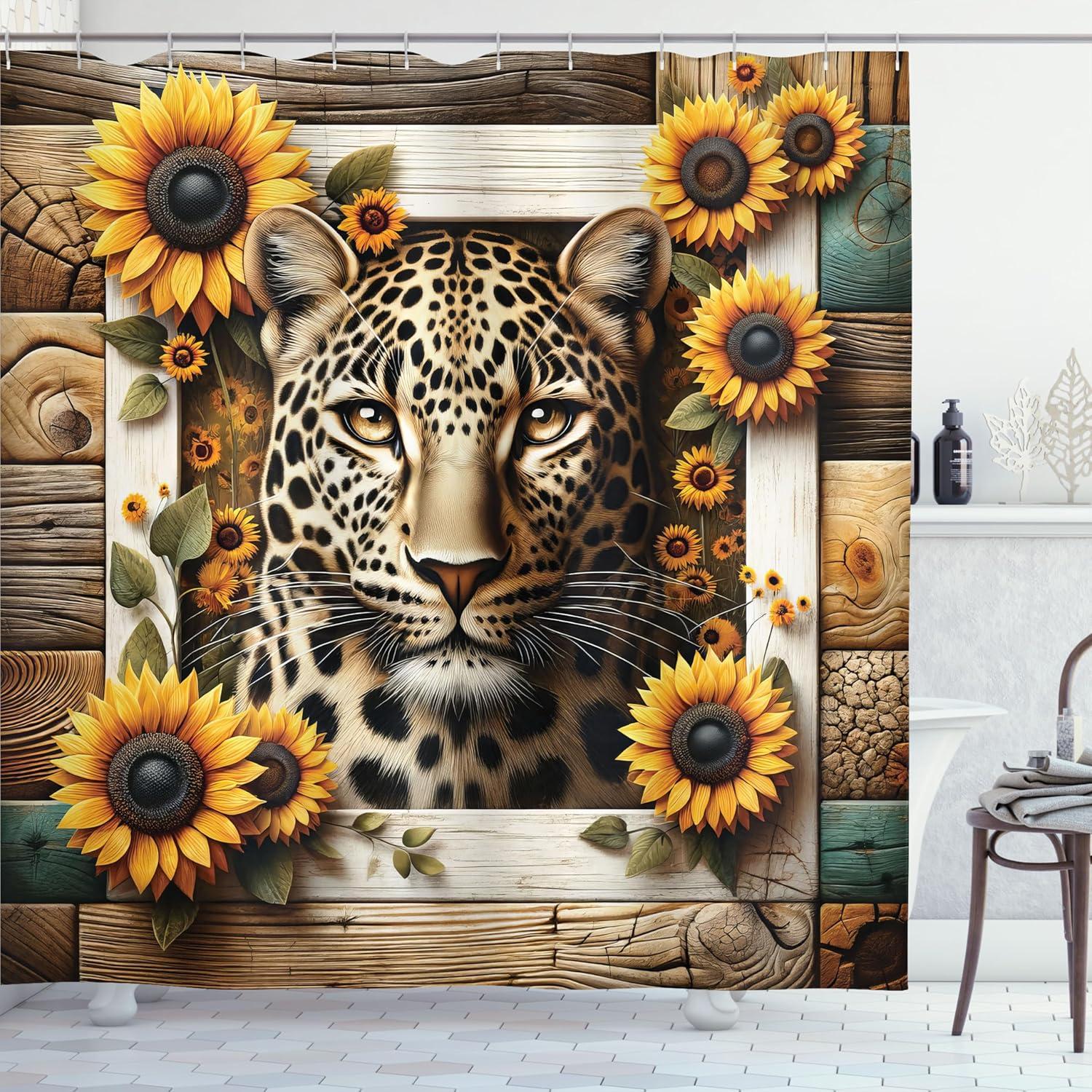 imageAmbesonne Leopard Print Shower Curtain Blooming Romantic Medieval Garden Roses Weathered Earthy Details Cloth Fabric Bathroom Decor Set with Hooks 69 W x 70 L Pale Pink Laurel GreenEarth Yellow and Caramel