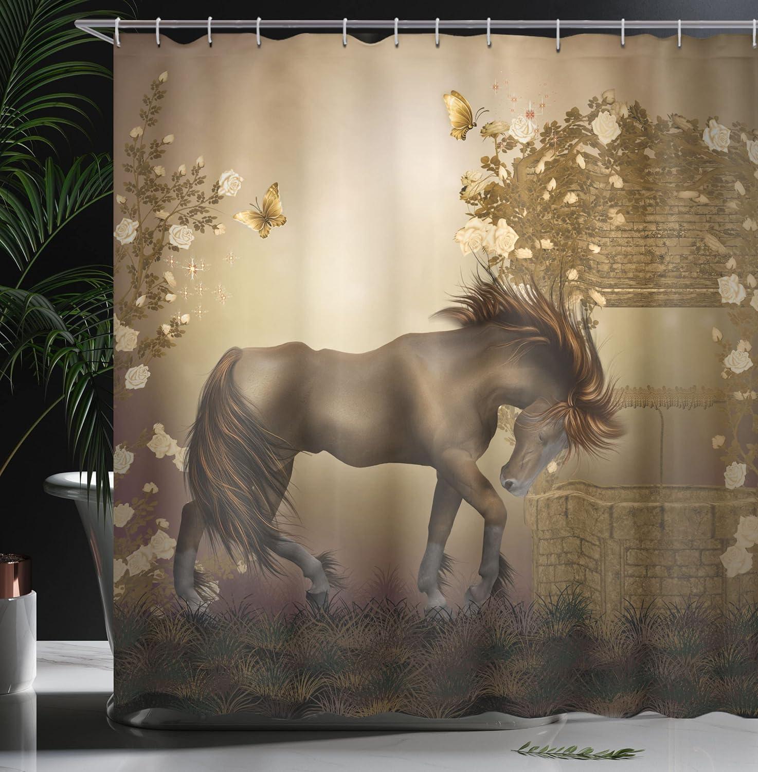 imageAmbesonne Mystic Shower Curtain Horse in Roses Garden with Butterflies Fantasy Romantic Moon Print Cloth Fabric Bathroom Decor Set with Hooks 69 W x 70 L Beige BrownBeige Brown