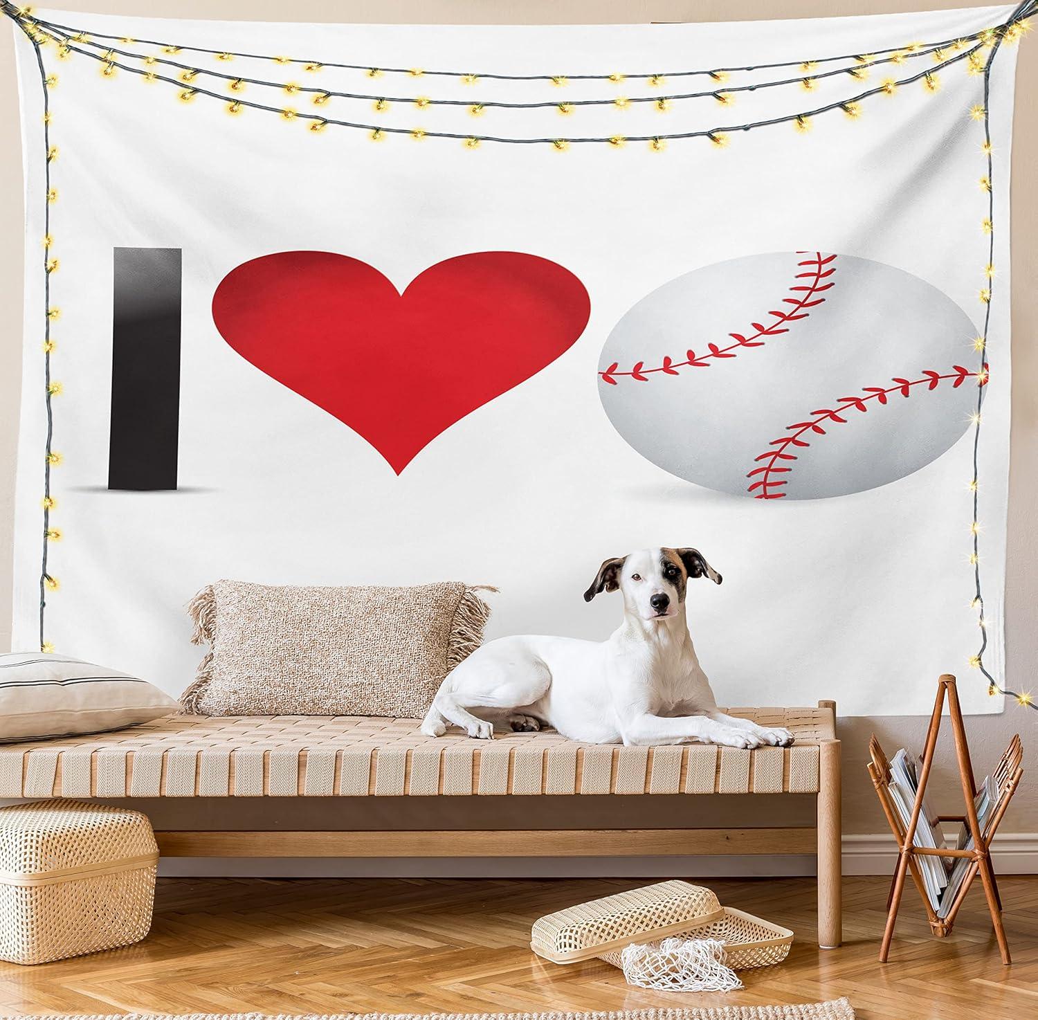 imageAmbesonne Sports Tapestry I Love Baseball Heart with Baseball Ball Passion Valentine Leisure Time Joy Fabric Wall Hanging Decor for Bedroom Living Room Dorm 28 X 23 Red Black White