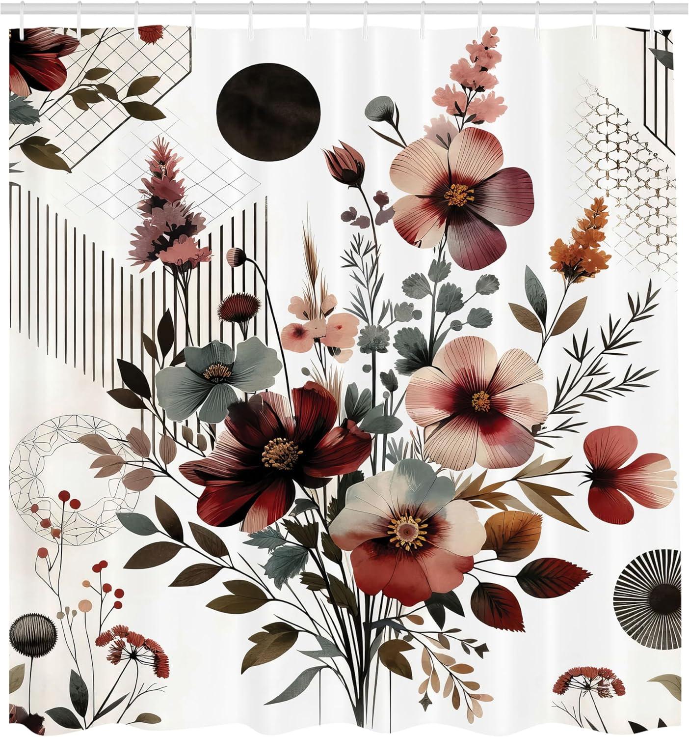 imageAmbesonne Tan Shower Curtain Romantic Boho Nostalgic Minimalistic Monochromatic Wild Flowers Painting Print Cloth Fabric Bathroom Decor Set with Hooks 69 W x 75 L Ecru Sepia AlmondMaroon Dark Sea Green