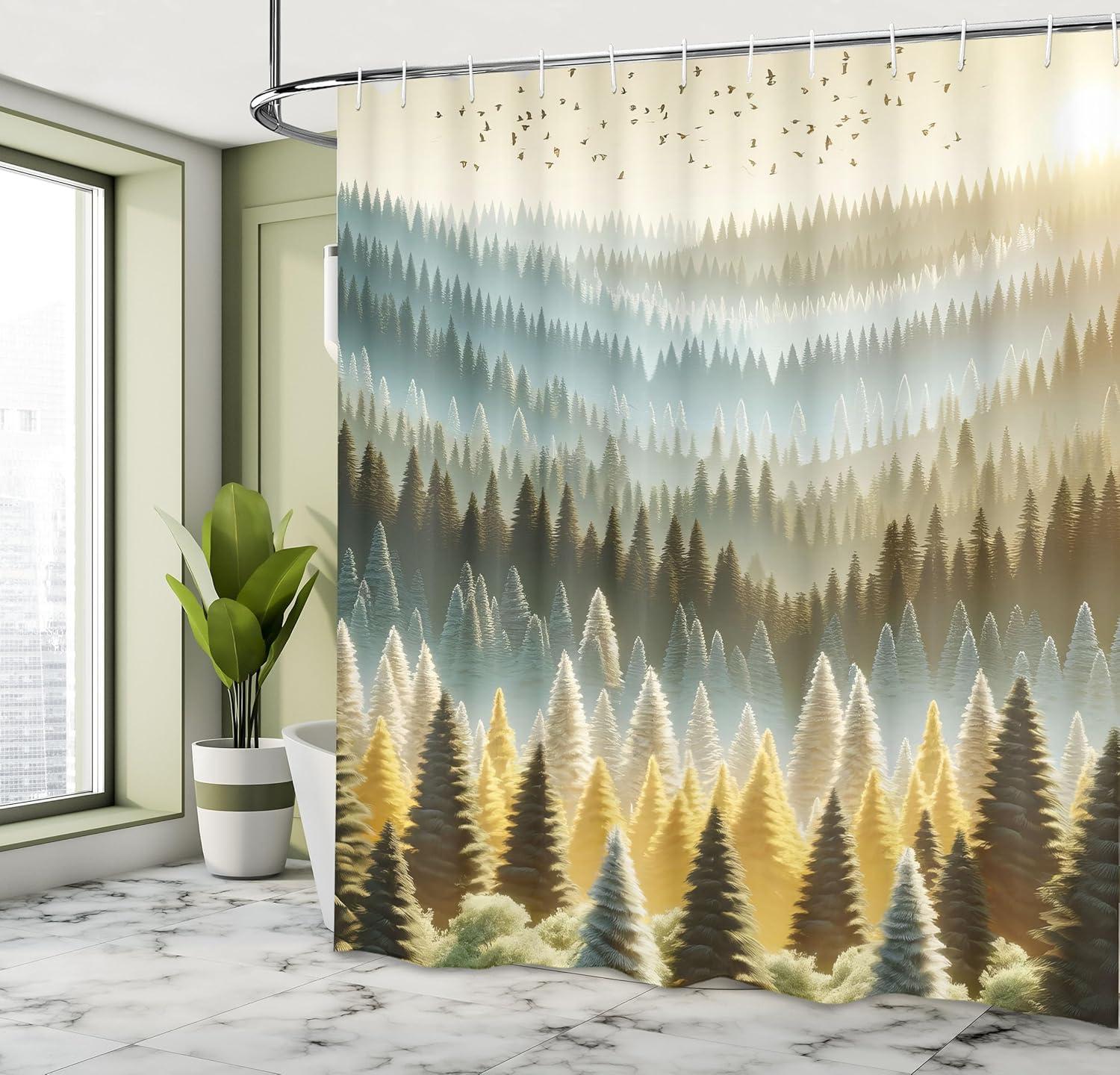 imageAmbesonne Tan Shower Curtain Romantic Boho Nostalgic Minimalistic Monochromatic Wild Flowers Painting Print Cloth Fabric Bathroom Decor Set with Hooks 69 W x 75 L Ecru Sepia AlmondSoft Blue Emerald and Mustard