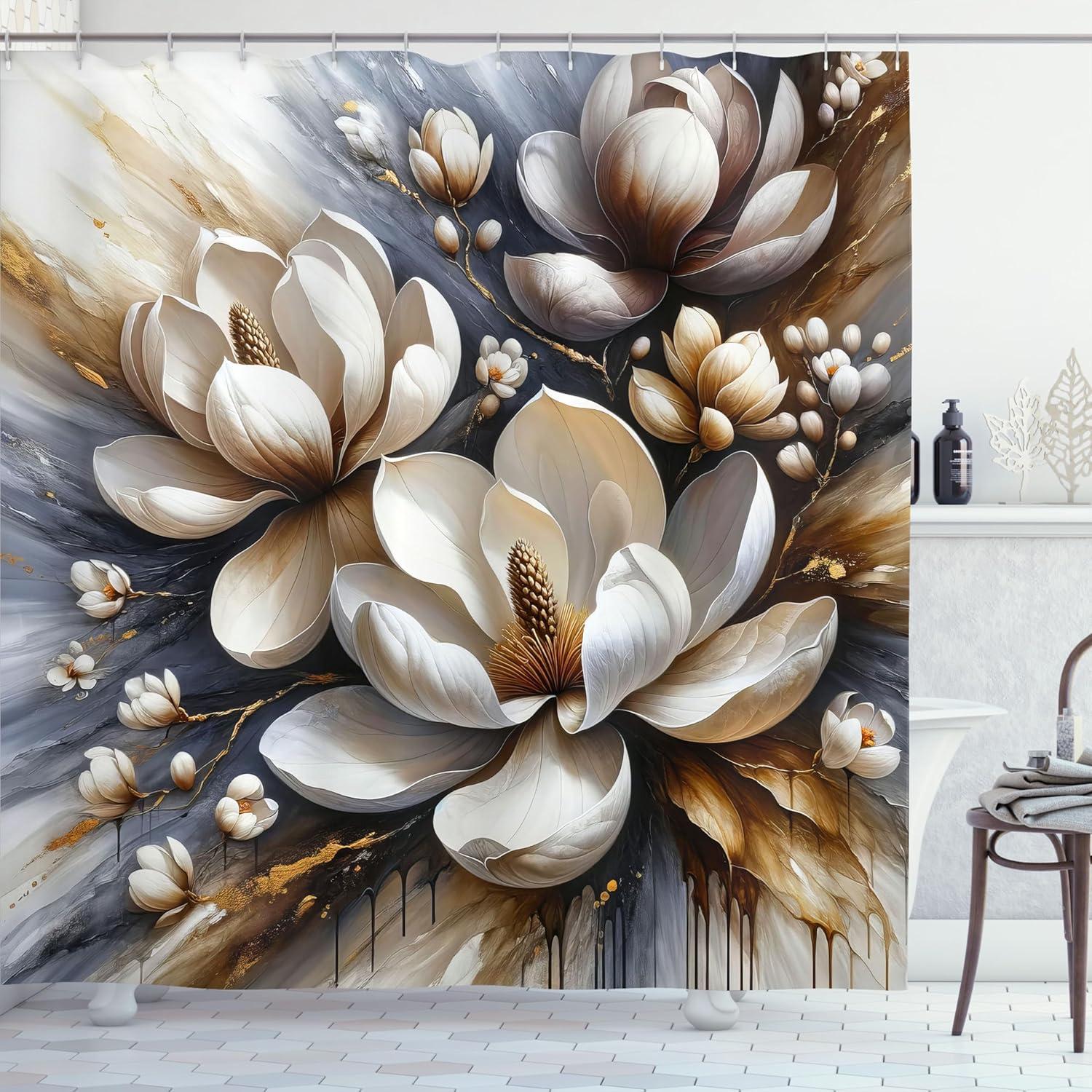 imageAmbesonne Tan Shower Curtain Romantic Boho Nostalgic Minimalistic Monochromatic Wild Flowers Painting Print Cloth Fabric Bathroom Decor Set with Hooks 69 W x 75 L Ecru Sepia AlmondBlue Grey Umber