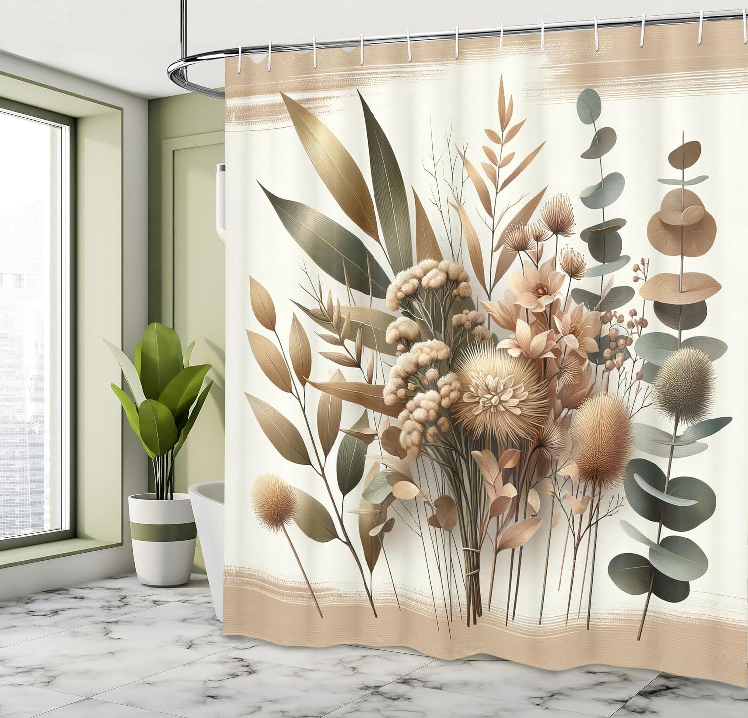 imageAmbesonne Tan Shower Curtain Romantic Boho Nostalgic Minimalistic Monochromatic Wild Flowers Painting Print Cloth Fabric Bathroom Decor Set with Hooks 69 W x 75 L Ecru Sepia AlmondEcru Reseda Green and Beige