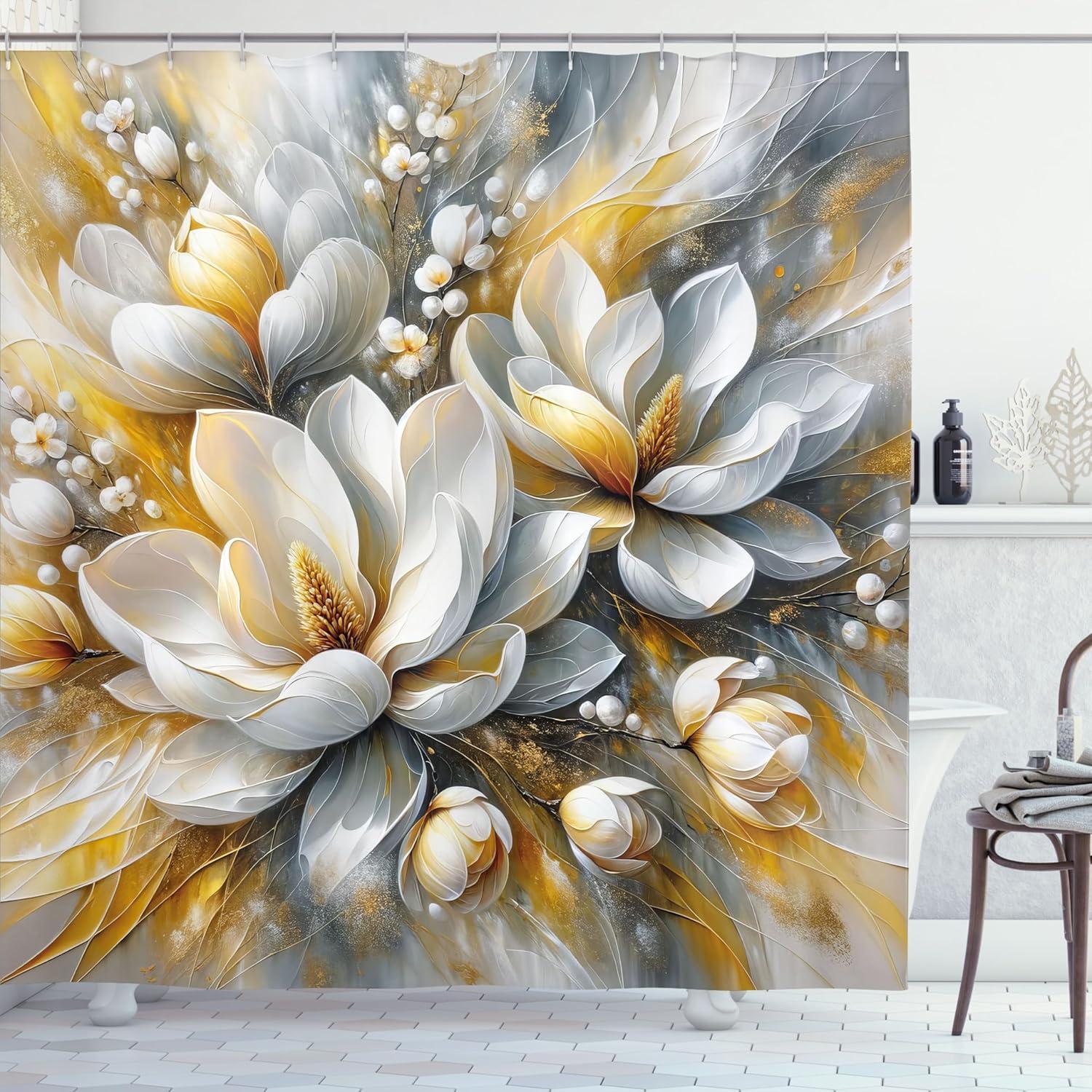 imageAmbesonne Tan Shower Curtain Romantic Boho Nostalgic Minimalistic Monochromatic Wild Flowers Painting Print Cloth Fabric Bathroom Decor Set with Hooks 69 W x 75 L Ecru Sepia AlmondPale Orange Blue Grey