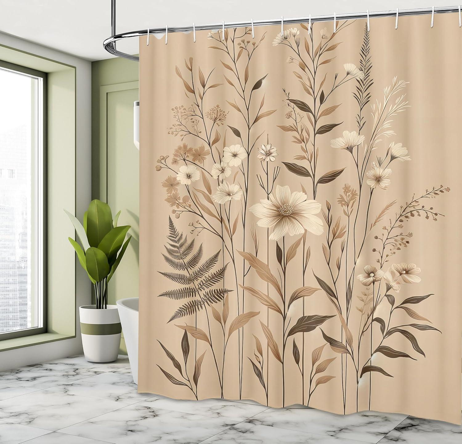 imageAmbesonne Tan Shower Curtain Romantic Boho Nostalgic Minimalistic Monochromatic Wild Flowers Painting Print Cloth Fabric Bathroom Decor Set with Hooks 69 W x 75 L Ecru Sepia AlmondEcru Sepia Almond