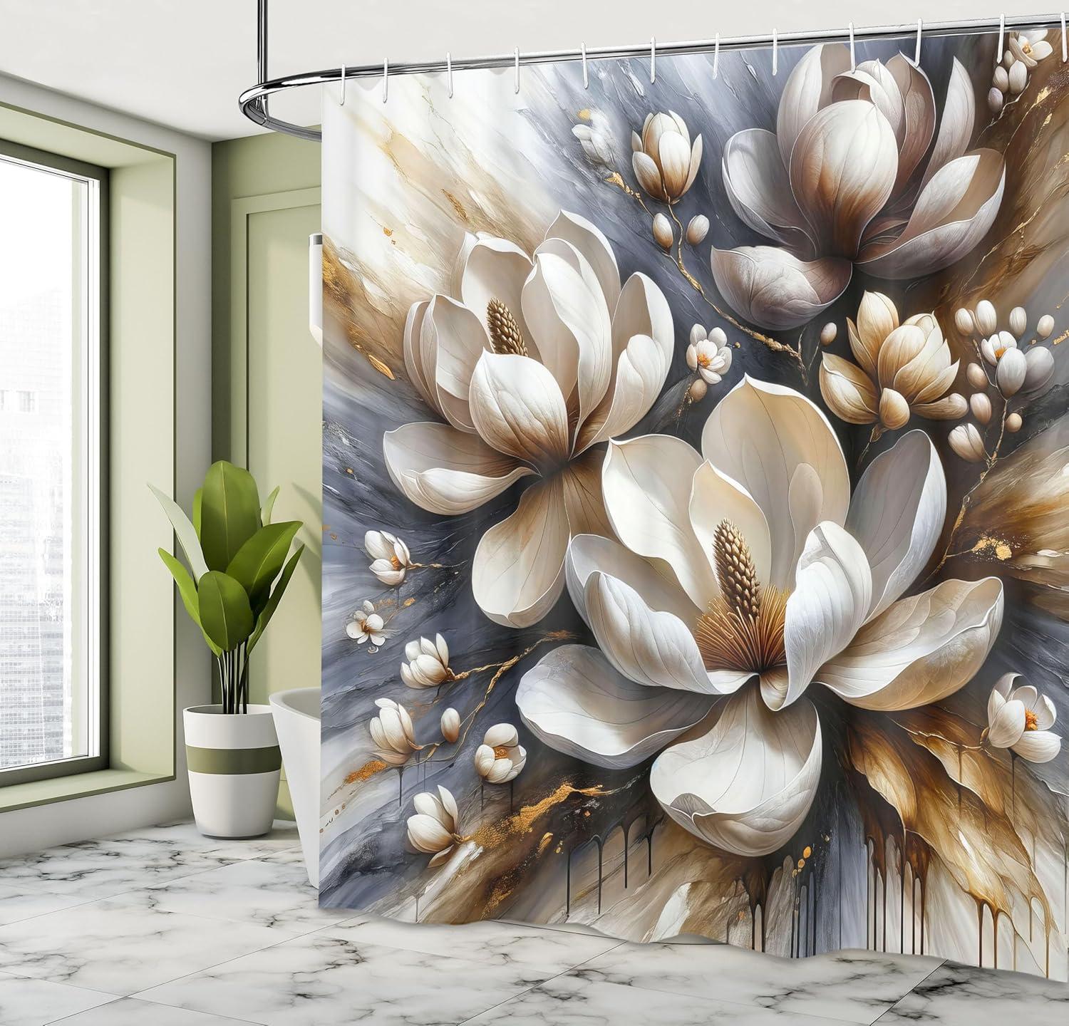 imageAmbesonne Tan Shower Curtain Romantic Boho Nostalgic Minimalistic Monochromatic Wild Flowers Painting Print Cloth Fabric Bathroom Decor Set with Hooks 69 W x 75 L Ecru Sepia AlmondBlue Grey Umber