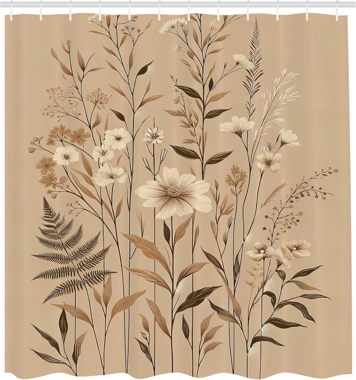 imageAmbesonne Tan Shower Curtain Romantic Boho Nostalgic Minimalistic Monochromatic Wild Flowers Painting Print Cloth Fabric Bathroom Decor Set with Hooks 69 W x 75 L Ecru Sepia AlmondEcru Sepia Almond