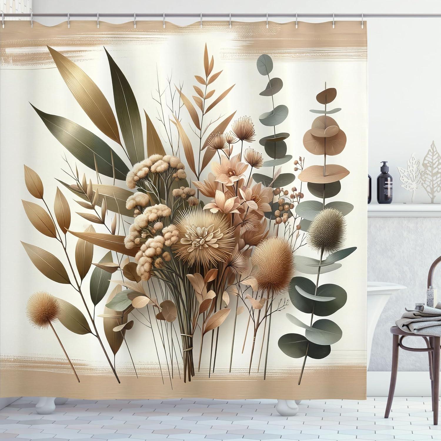 imageAmbesonne Tan Shower Curtain Romantic Boho Nostalgic Minimalistic Monochromatic Wild Flowers Painting Print Cloth Fabric Bathroom Decor Set with Hooks 69 W x 75 L Ecru Sepia AlmondEcru Reseda Green and Beige