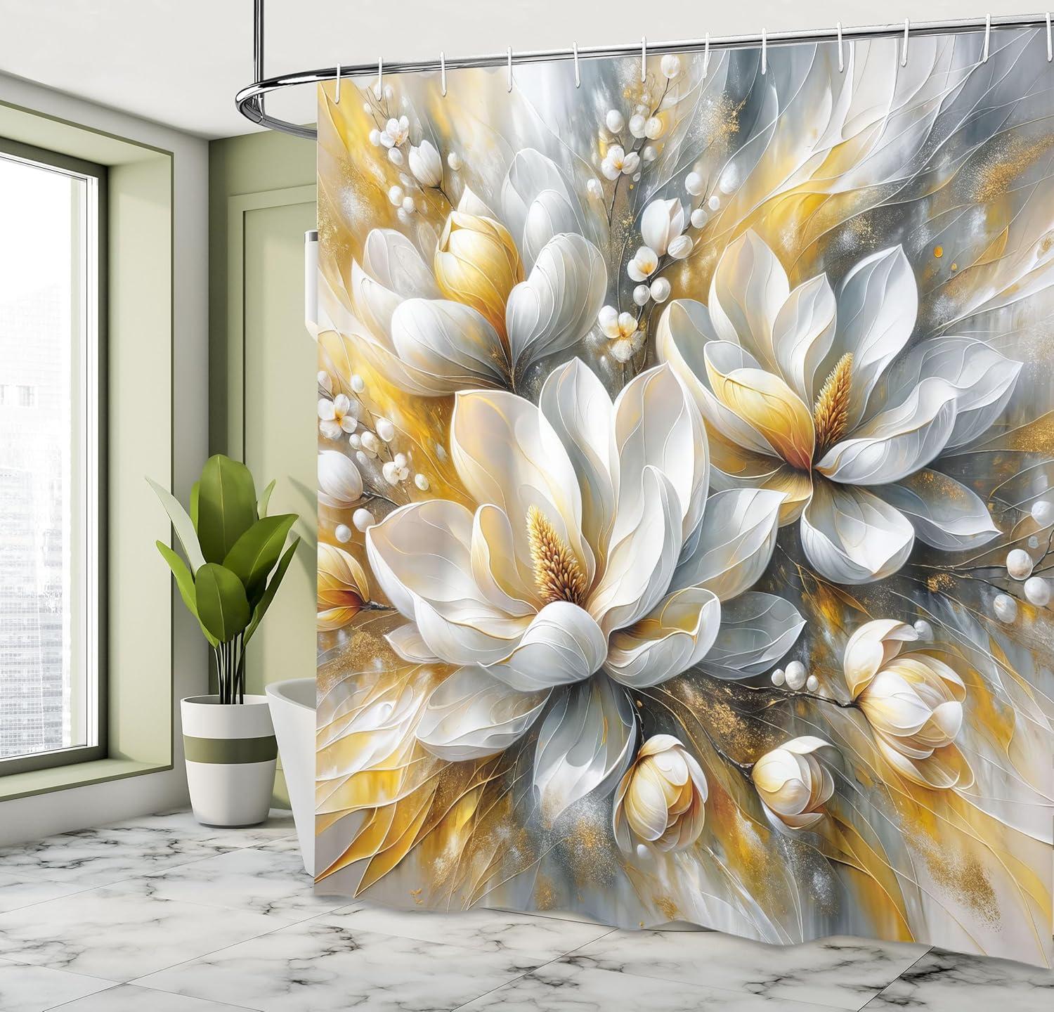 imageAmbesonne Tan Shower Curtain Romantic Boho Nostalgic Minimalistic Monochromatic Wild Flowers Painting Print Cloth Fabric Bathroom Decor Set with Hooks 69 W x 75 L Ecru Sepia AlmondPale Orange Blue Grey