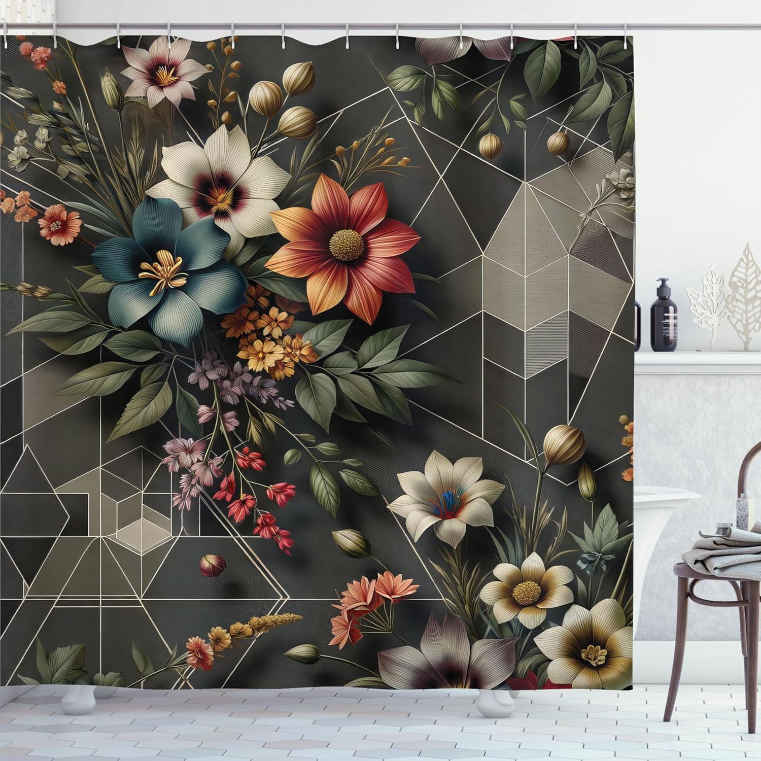 imageAmbesonne Tan Shower Curtain Romantic Boho Nostalgic Minimalistic Monochromatic Wild Flowers Painting Print Cloth Fabric Bathroom Decor Set with Hooks 69 W x 75 L Ecru Sepia AlmondGrey Laurel Green Redwood