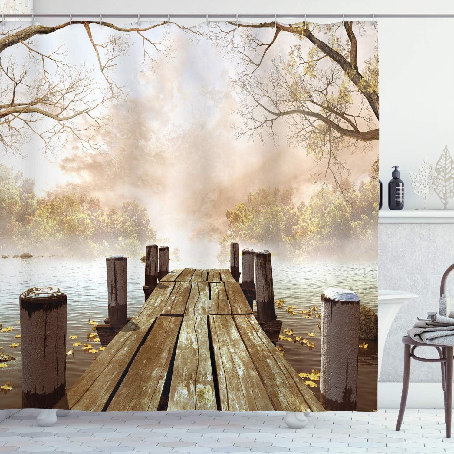 imageAmbesonne Tan Shower Curtain Romantic Boho Nostalgic Minimalistic Monochromatic Wild Flowers Painting Print Cloth Fabric Bathroom Decor Set with Hooks 69 W x 75 L Ecru Sepia AlmondBrown Beige
