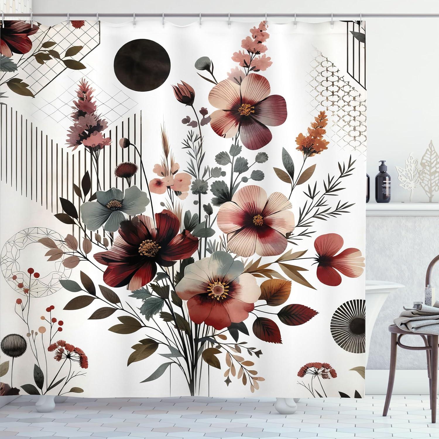 imageAmbesonne Tan Shower Curtain Romantic Boho Nostalgic Minimalistic Monochromatic Wild Flowers Painting Print Cloth Fabric Bathroom Decor Set with Hooks 69 W x 75 L Ecru Sepia AlmondMaroon Dark Sea Green
