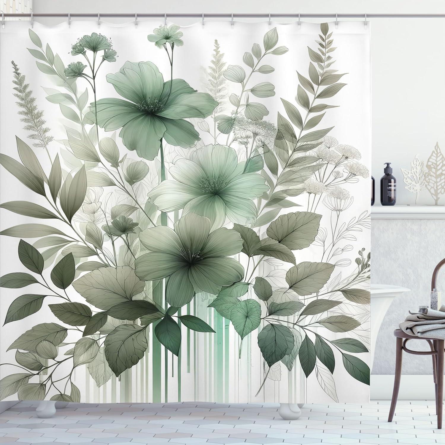 imageAmbesonne Tan Shower Curtain Romantic Boho Nostalgic Minimalistic Monochromatic Wild Flowers Painting Print Cloth Fabric Bathroom Decor Set with Hooks 69 W x 75 L Ecru Sepia AlmondGrey Teal Cadet Blue