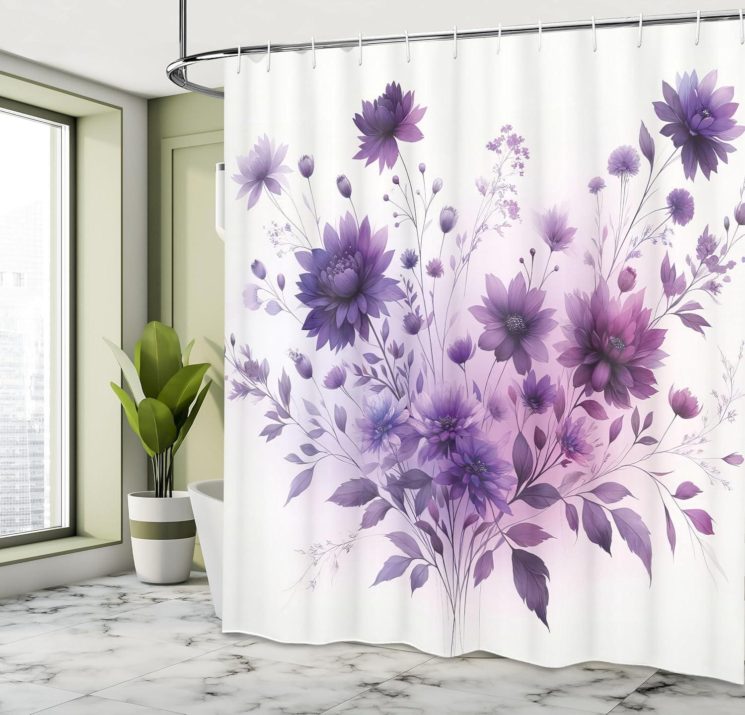imageAmbesonne Tan Shower Curtain Romantic Boho Nostalgic Minimalistic Monochromatic Wild Flowers Painting Print Cloth Fabric Bathroom Decor Set with Hooks 69 W x 75 L Ecru Sepia AlmondLilac and Blue Violet