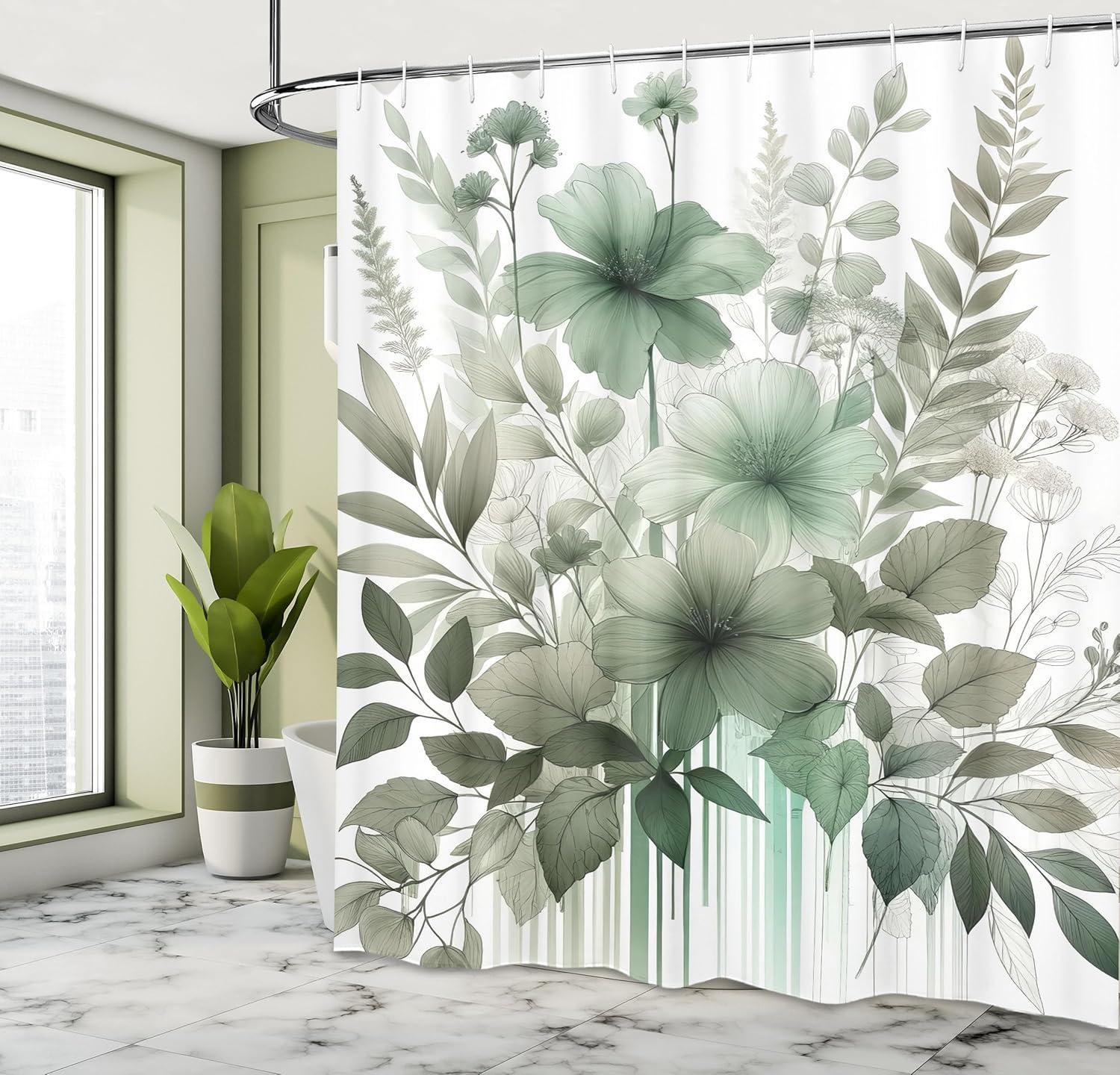 imageAmbesonne Tan Shower Curtain Romantic Boho Nostalgic Minimalistic Monochromatic Wild Flowers Painting Print Cloth Fabric Bathroom Decor Set with Hooks 69 W x 75 L Ecru Sepia AlmondGrey Teal Cadet Blue