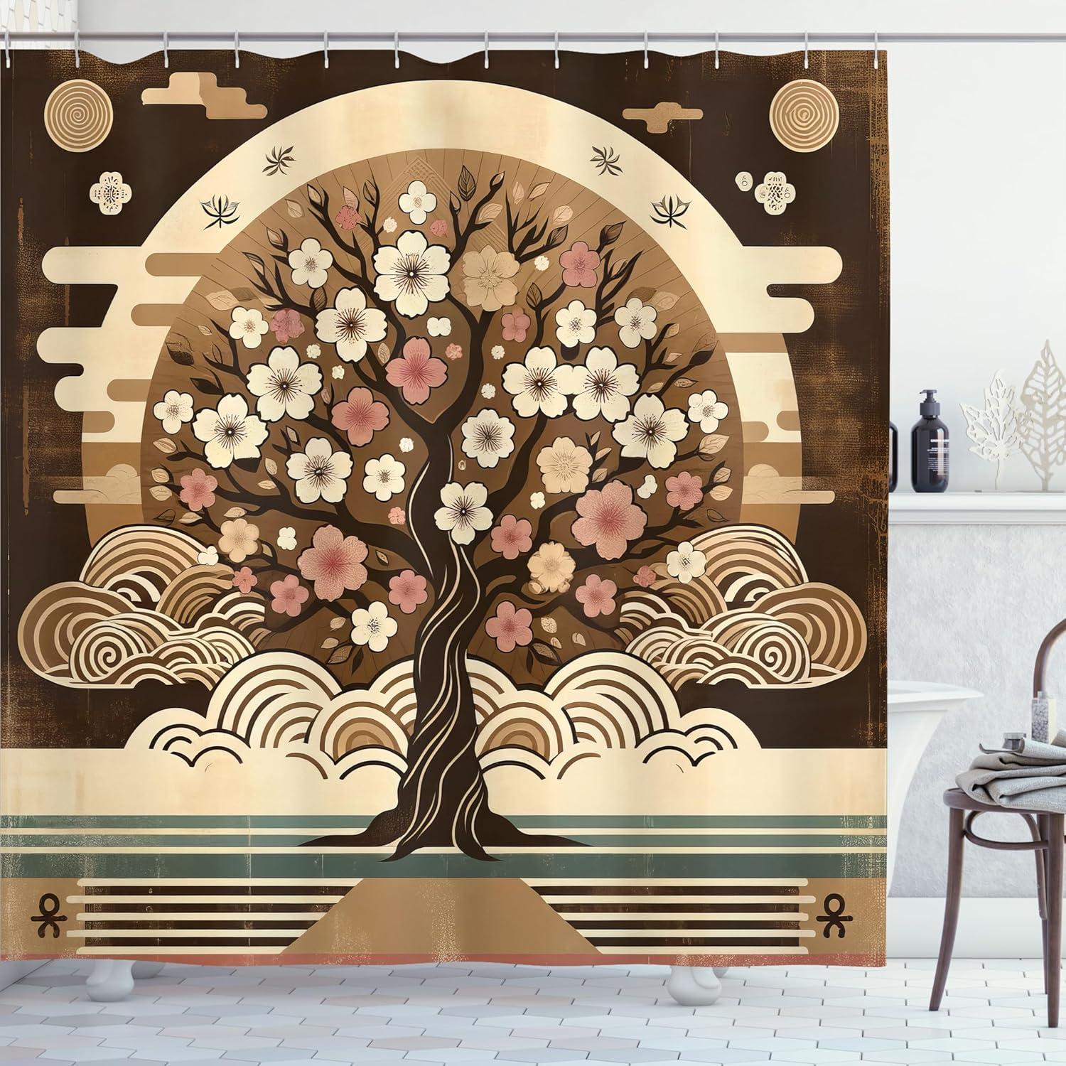 imageAmbesonne Tan Shower Curtain Romantic Boho Nostalgic Minimalistic Monochromatic Wild Flowers Painting Print Cloth Fabric Bathroom Decor Set with Hooks 69 W x 75 L Ecru Sepia AlmondChocolate Beige Green