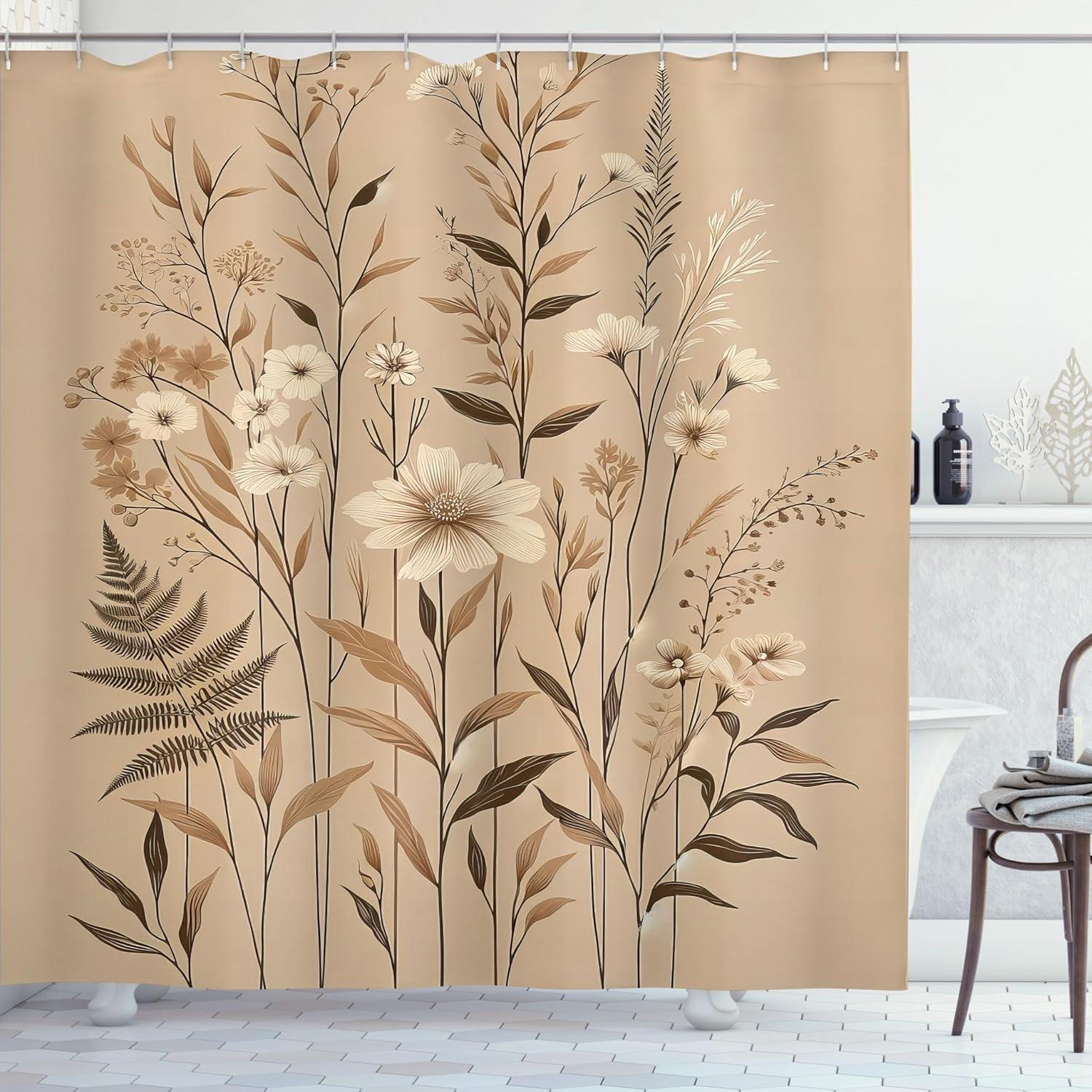 imageAmbesonne Tan Shower Curtain Romantic Boho Nostalgic Minimalistic Monochromatic Wild Flowers Painting Print Cloth Fabric Bathroom Decor Set with Hooks 69 W x 75 L Ecru Sepia AlmondEcru Sepia Almond