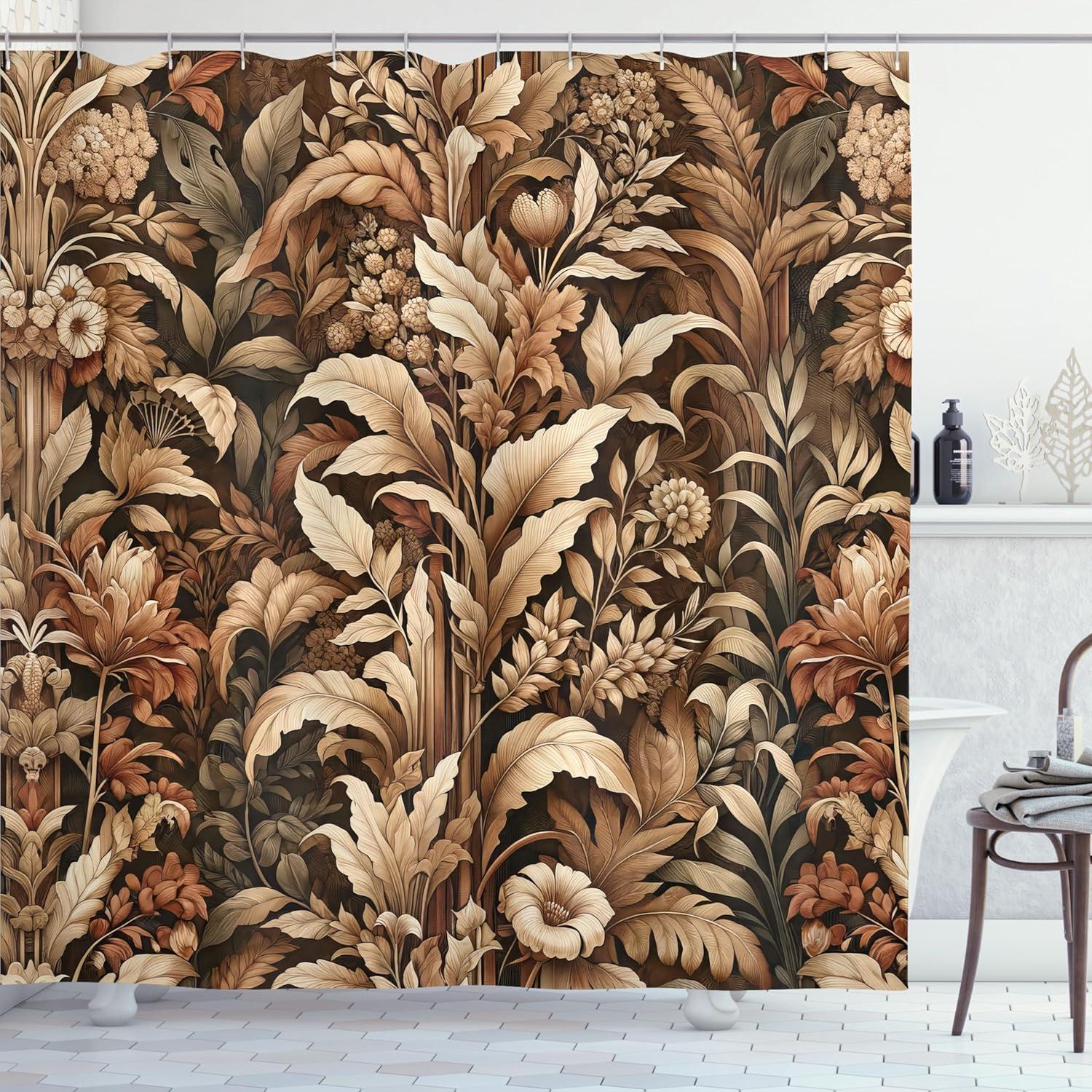 imageAmbesonne Tan Shower Curtain Romantic Boho Nostalgic Minimalistic Monochromatic Wild Flowers Painting Print Cloth Fabric Bathroom Decor Set with Hooks 69 W x 75 L Ecru Sepia AlmondDark Sepia Pale Redwood
