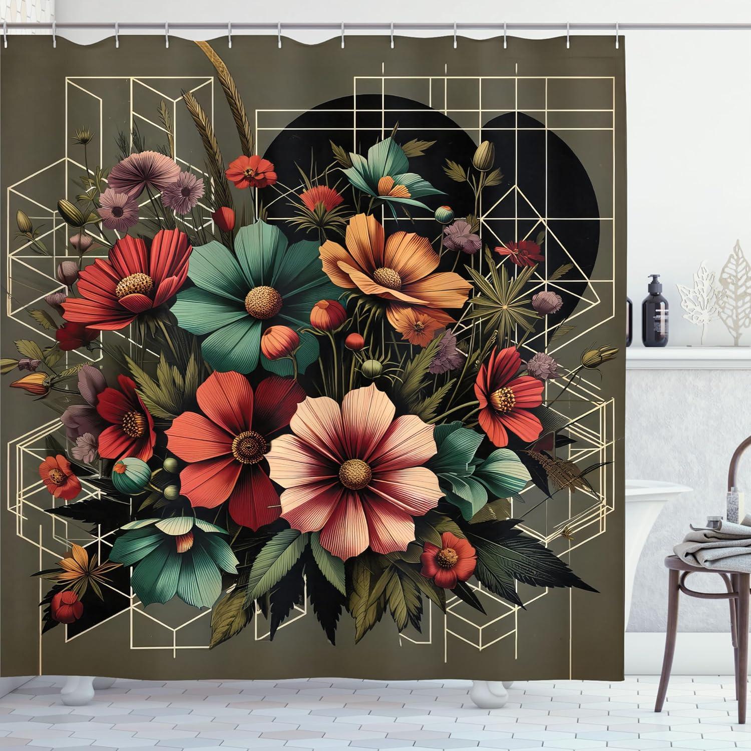 imageAmbesonne Tan Shower Curtain Romantic Boho Nostalgic Minimalistic Monochromatic Wild Flowers Painting Print Cloth Fabric Bathroom Decor Set with Hooks 69 W x 75 L Ecru Sepia AlmondSlate Brown Seafoam Coral