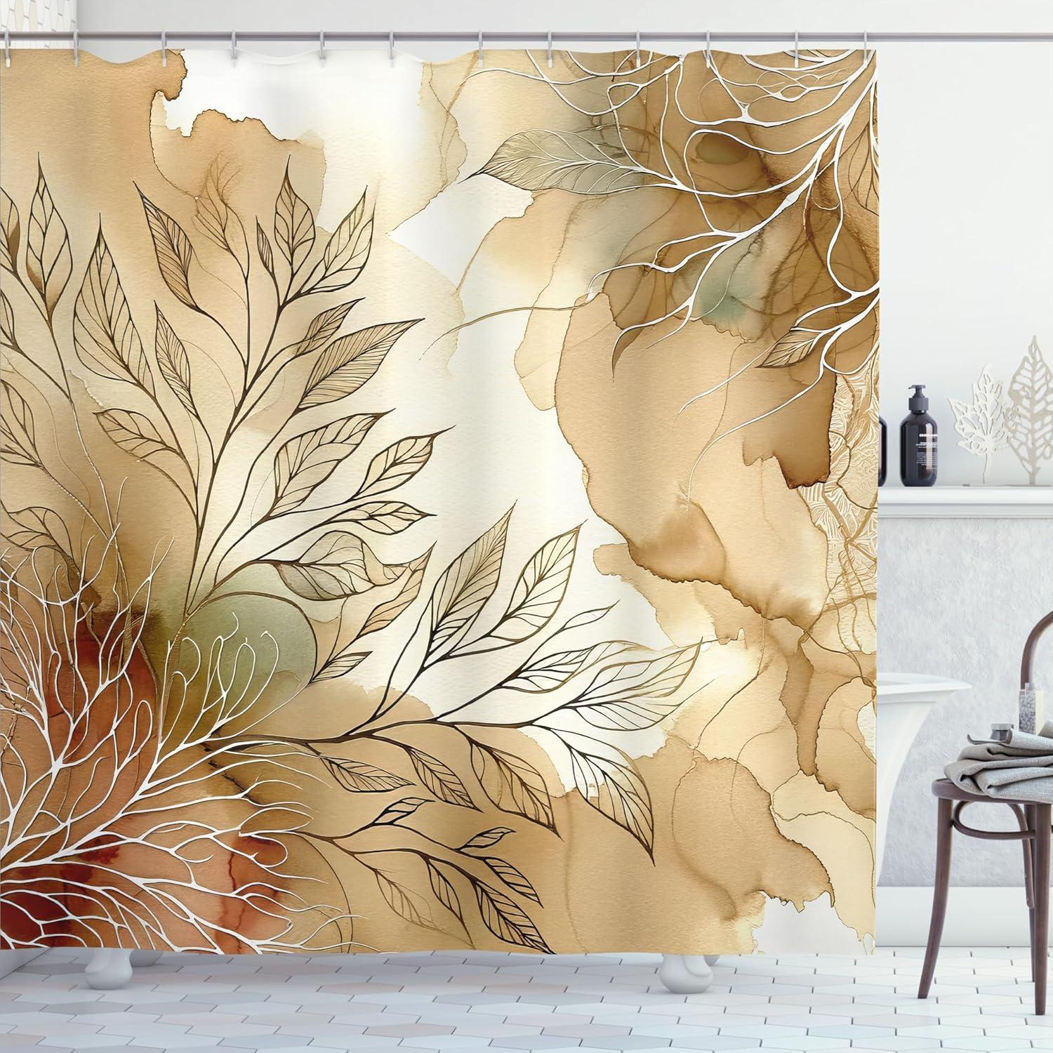 imageAmbesonne Tan Shower Curtain Romantic Boho Nostalgic Minimalistic Monochromatic Wild Flowers Painting Print Cloth Fabric Bathroom Decor Set with Hooks 69 W x 75 L Ecru Sepia AlmondAlmond Ecru Beige