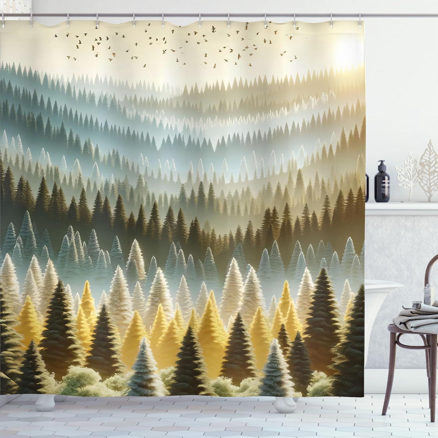 imageAmbesonne Tan Shower Curtain Romantic Boho Nostalgic Minimalistic Monochromatic Wild Flowers Painting Print Cloth Fabric Bathroom Decor Set with Hooks 69 W x 75 L Ecru Sepia AlmondSoft Blue Emerald and Mustard