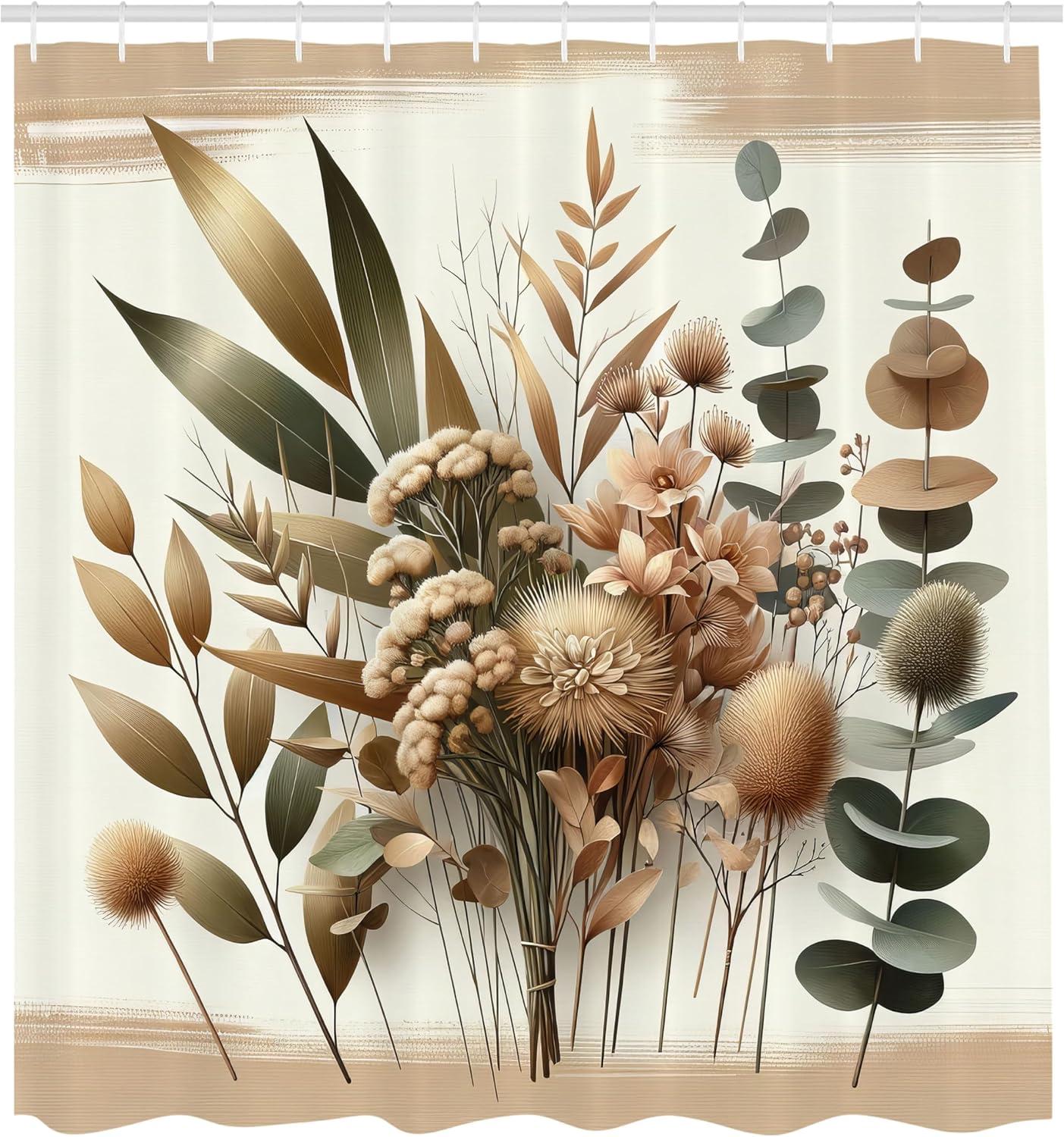 imageAmbesonne Tan Shower Curtain Romantic Boho Nostalgic Minimalistic Monochromatic Wild Flowers Painting Print Cloth Fabric Bathroom Decor Set with Hooks 69 W x 75 L Ecru Sepia AlmondEcru Reseda Green and Beige