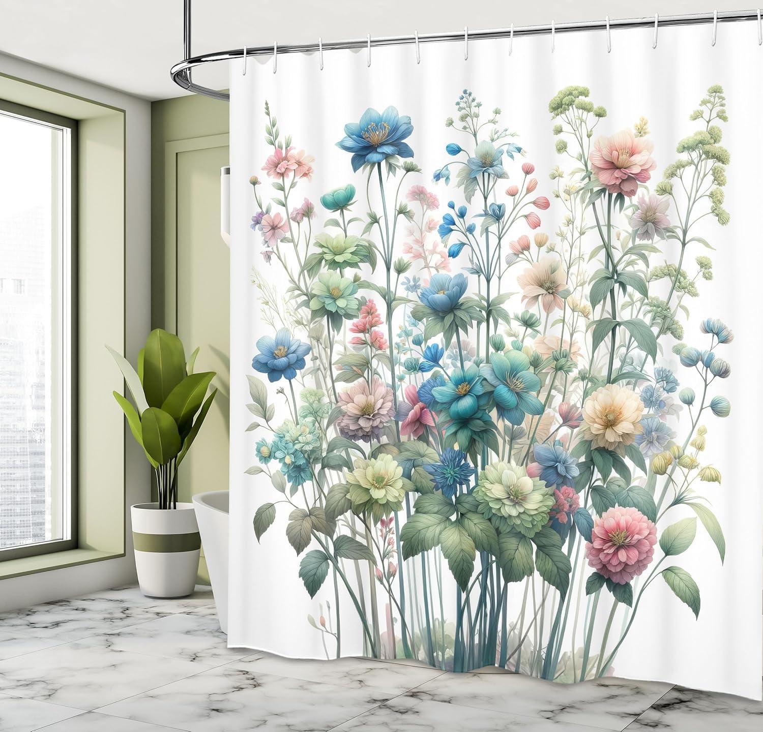 imageAmbesonne Tan Shower Curtain Romantic Boho Nostalgic Minimalistic Monochromatic Wild Flowers Painting Print Cloth Fabric Bathroom Decor Set with Hooks 69 W x 75 L Ecru Sepia AlmondWhite Turquoise Salmon