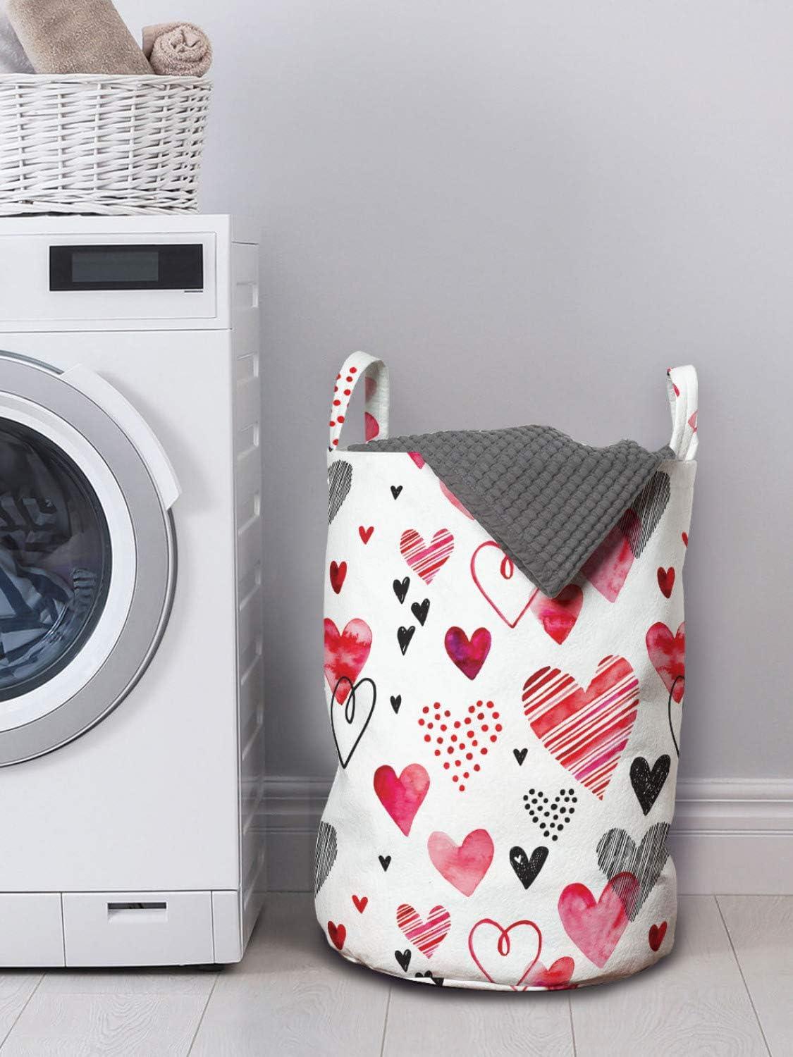 imageAmbesonne Valentines Laundry Bag Doodle Style Hearts with Different Designs Romantic Inspirations for Art Hamper Basket with Handles Drawstring Closure for Laundromats 13 x 19 Black Red Pink