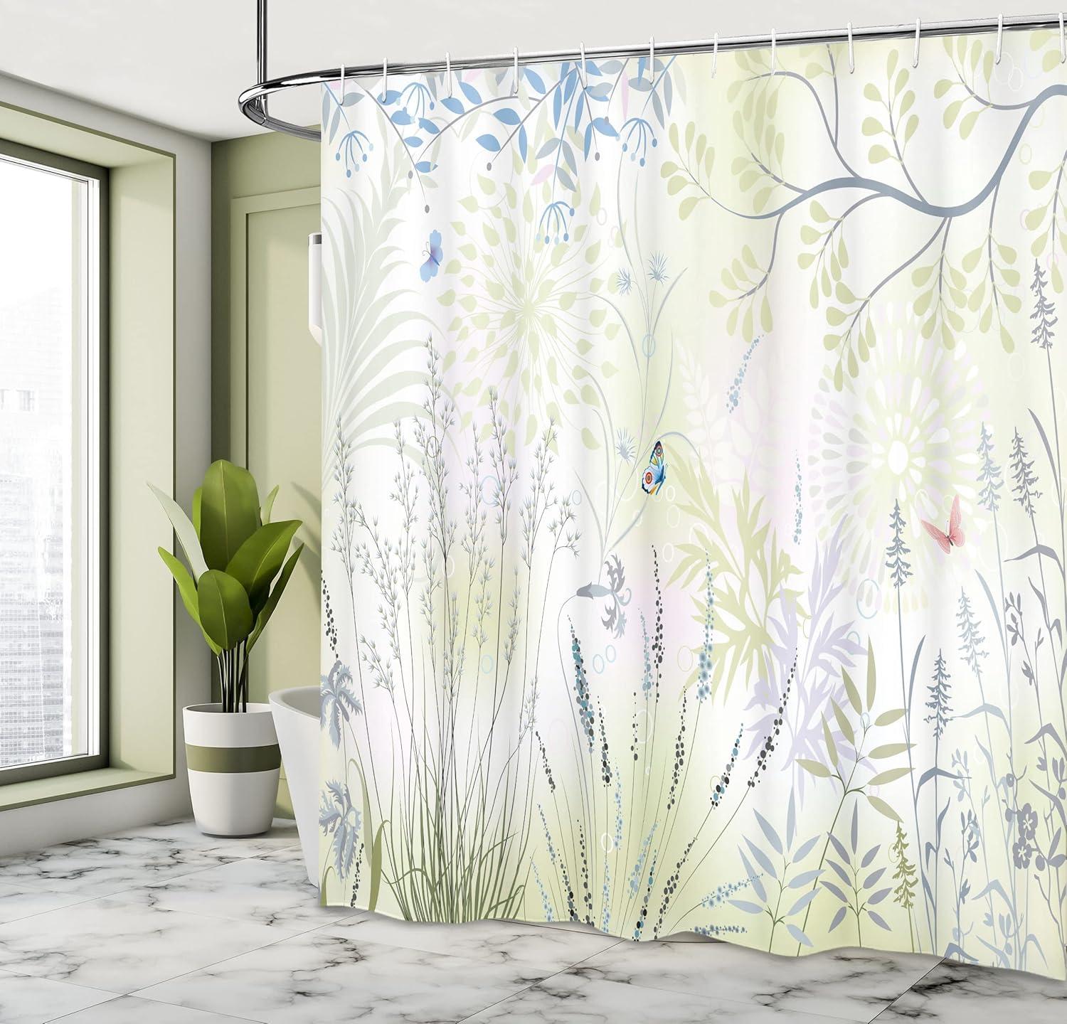 imageAmbesonne Vintage Shower Curtain Floral Theme Hand Drawn Romantic Flowers and Leaves Illustration Cloth Fabric Bathroom Decor Set with Hooks 69 W x 75 L Pink CreamBlue Green