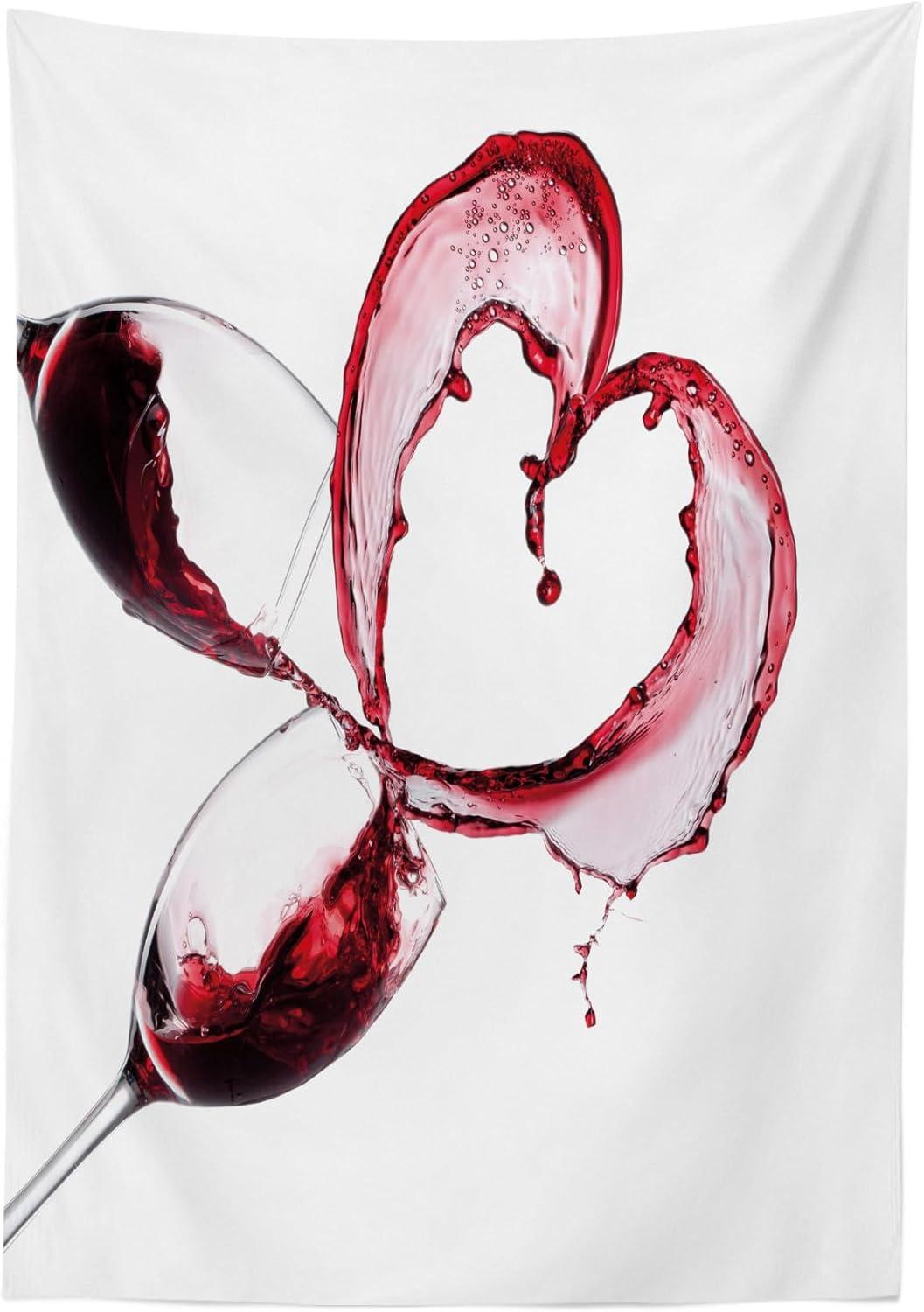 imageAmbesonne Wine Tablecloth Heart Shape with Spilling Red Wine in Glasses Romantic Valentines Day Concept Rectangular Table Cover for Dining Room Kitchen Decor 60 X 90 Burgundy White