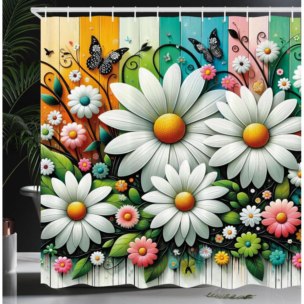 imageAmbesonne Floral Shower Curtain Romantic Tender Garden of Daisy Like Flowers and Leaves 70s Groovy Nature Cloth Fabric Bathroom Decor Set with Hooks 69 W x 70 L Reseda Green and PinkOff White Multicolor